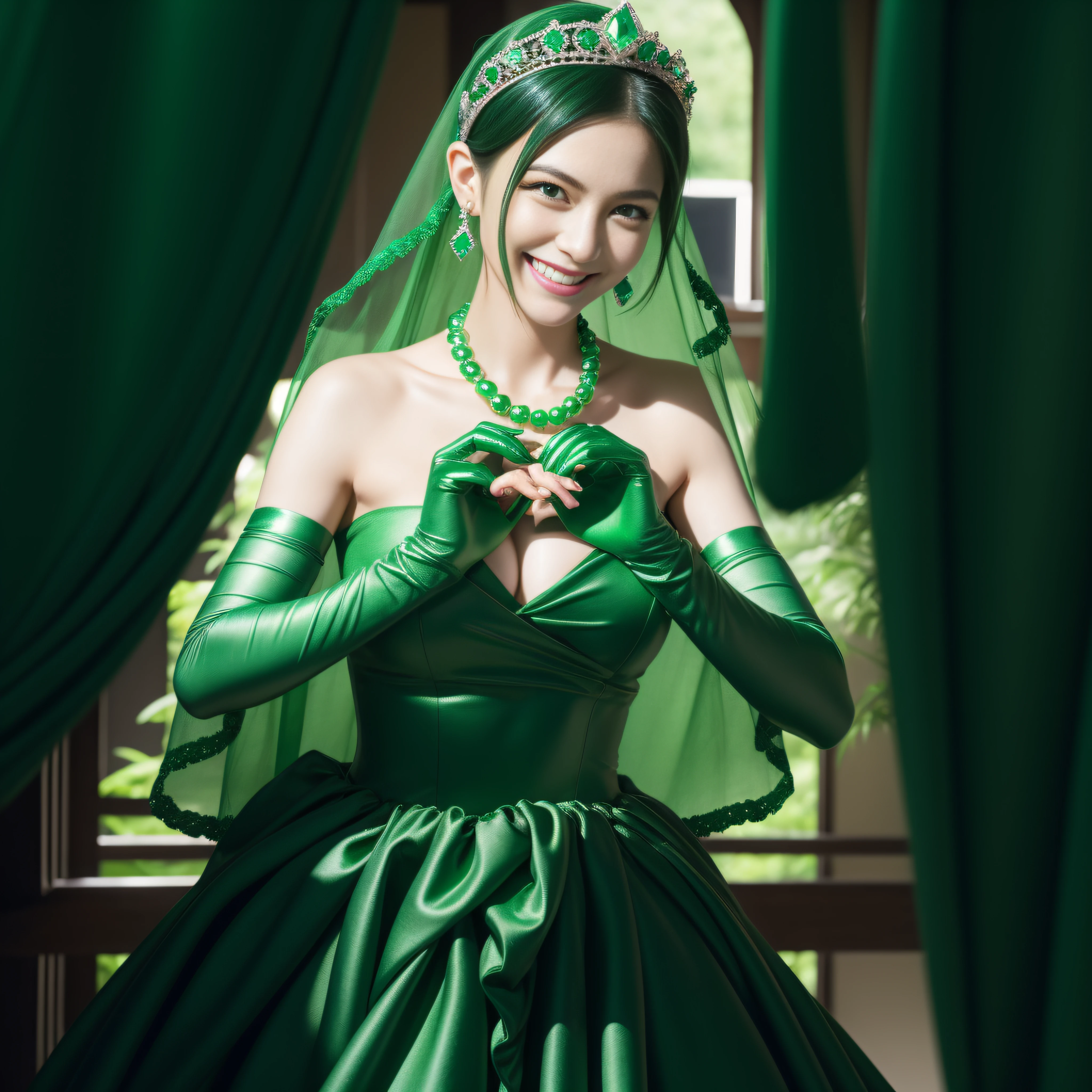 emerald tiara, Green Pearl Necklace, Boyish very short black hair, lipsticks, Japan woman smiling, very short short hair, big breasts beautiful, Green eyes, Long green gloves made of satin material, Green eyes, Emerald Earrings, green vale, Heart with both hands