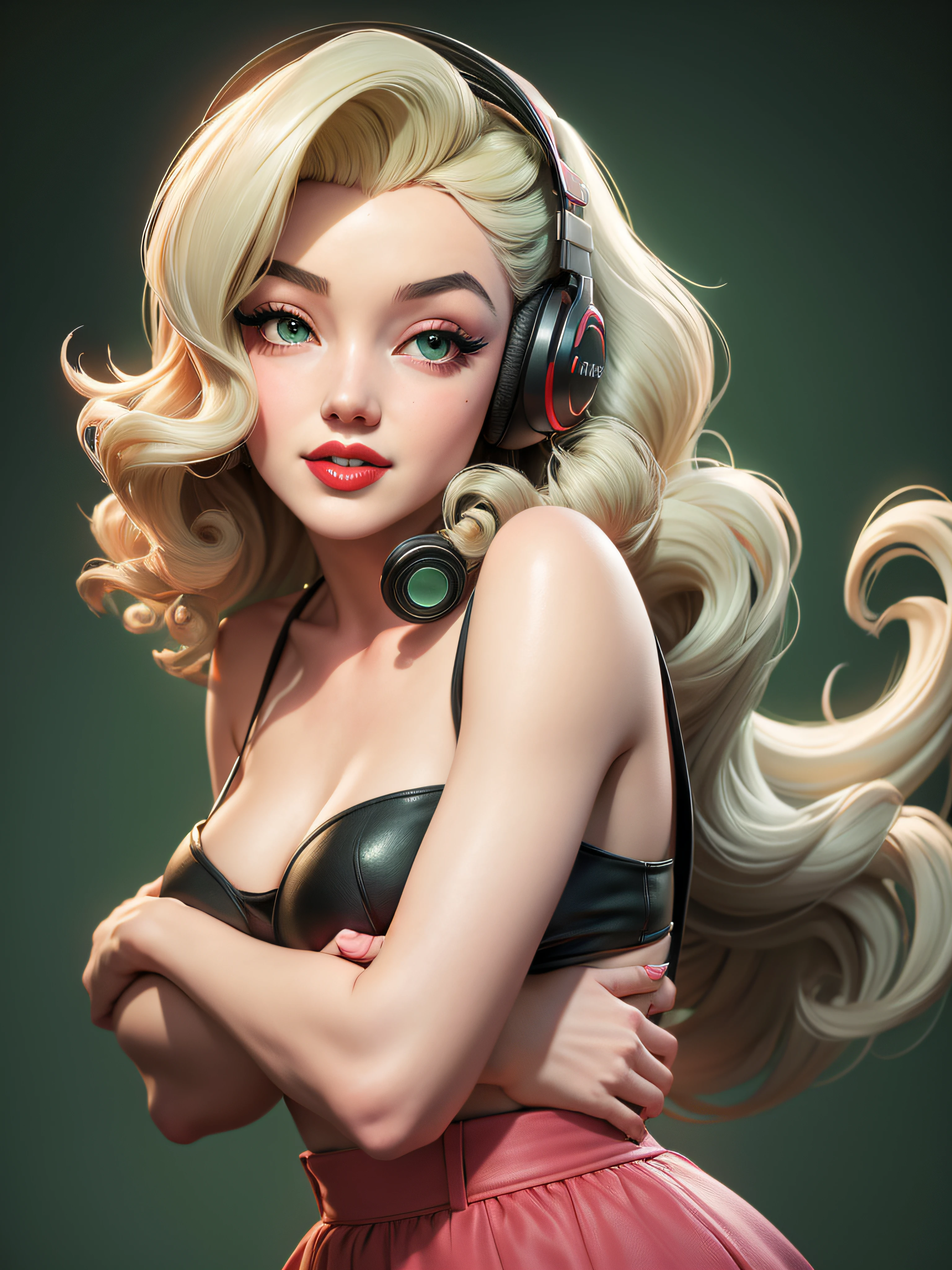 young girl, (Marilyn Monroe :1.1) red lips, green eyes, listen to music, headphones, long curly hair, Art by Ray Shark
