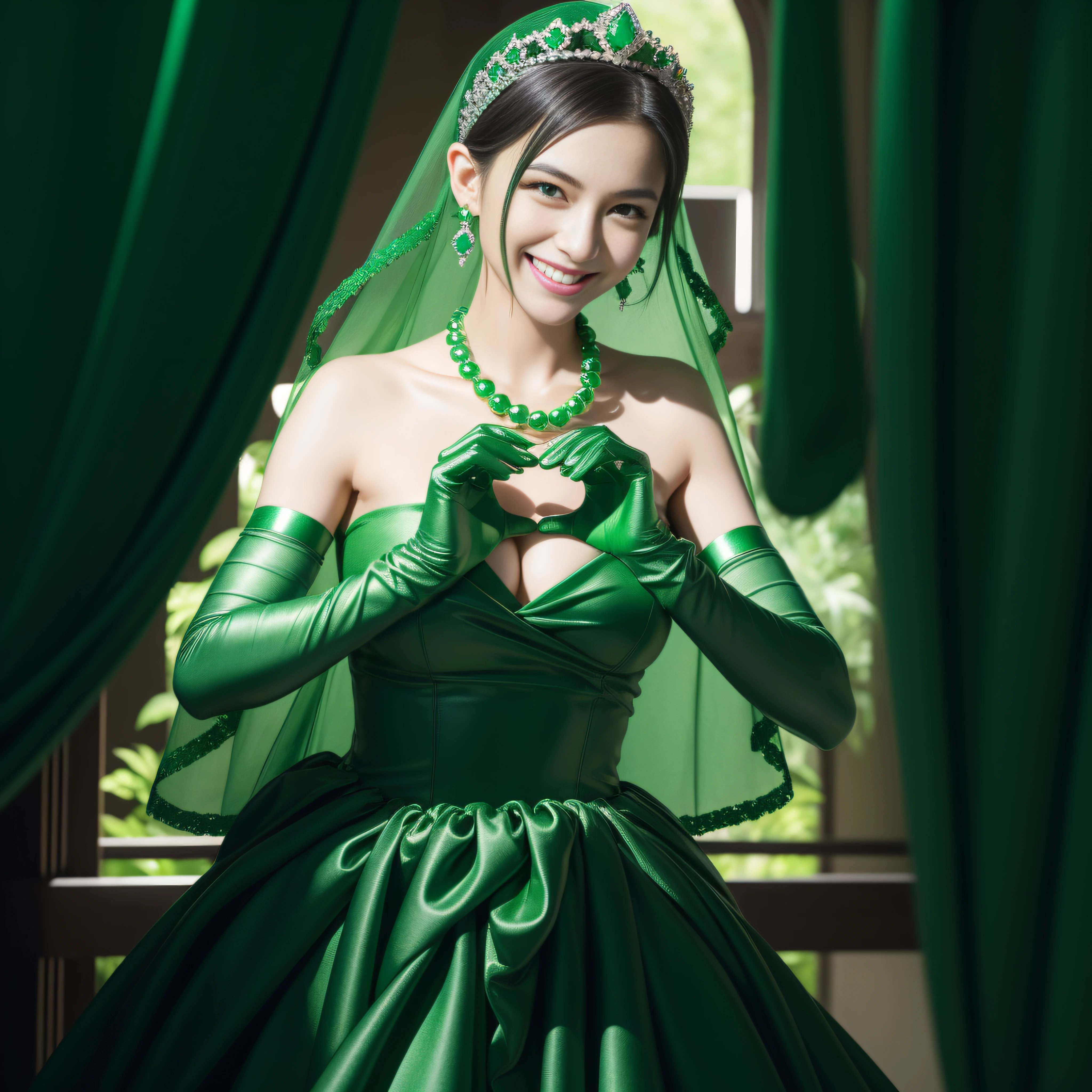 emerald tiara, Green Pearl Necklace, Boyish very short black hair, lipsticks, Japan woman smiling, very short short hair,  big breasts beautiful, Green eyes, Long green gloves made of satin material, Green eyes, Emerald Earrings, green vale, Heart with both hands