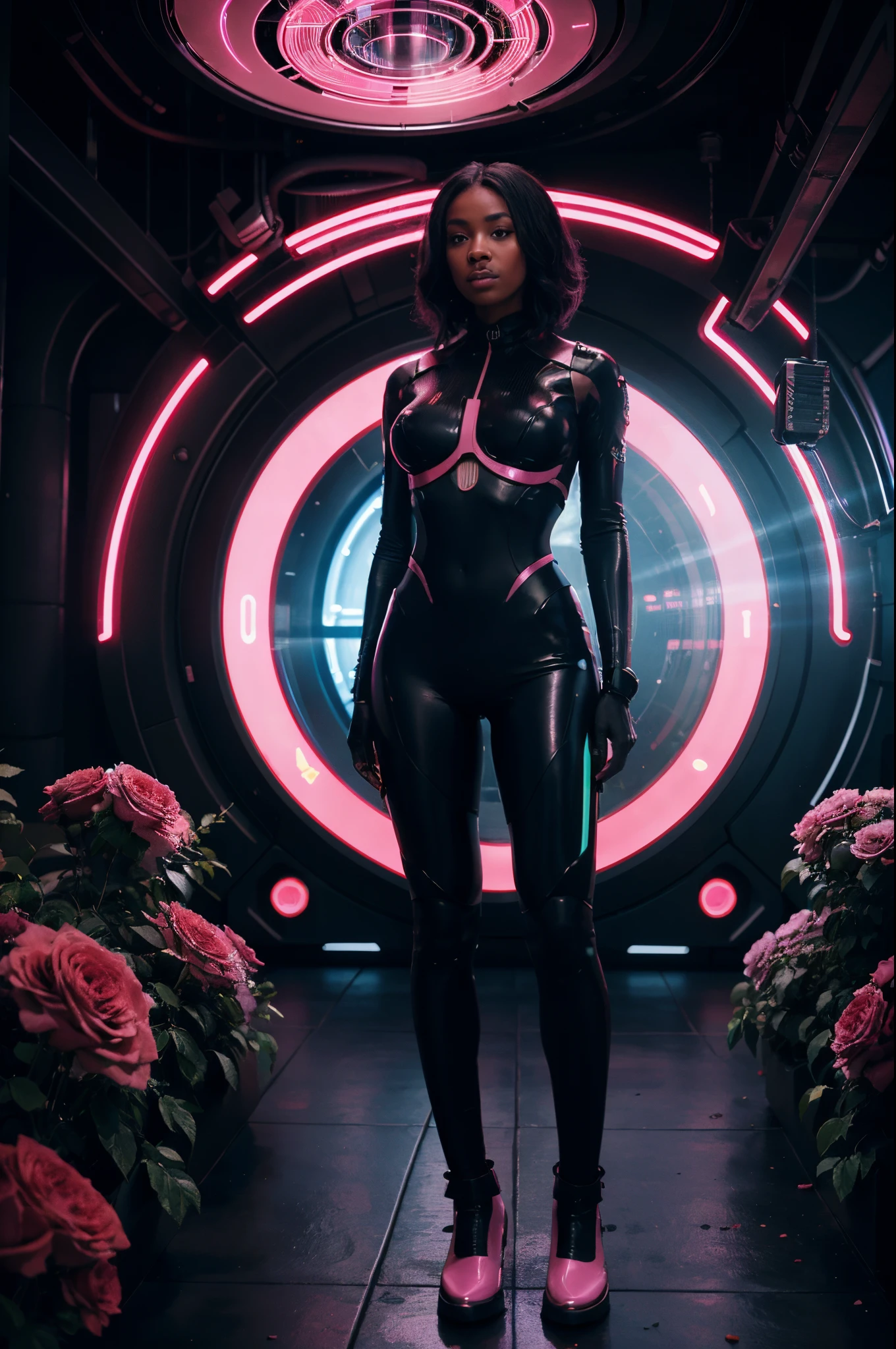 A wide angle shot of black woman standing in a futuristic sci-fi room with a garden of roses al pink, full of circular neon lit rotating machines, sci-fi art, surrealism, artgerm style, 32k, ultra HD, unreal engine rendered, hyper-realistic image,