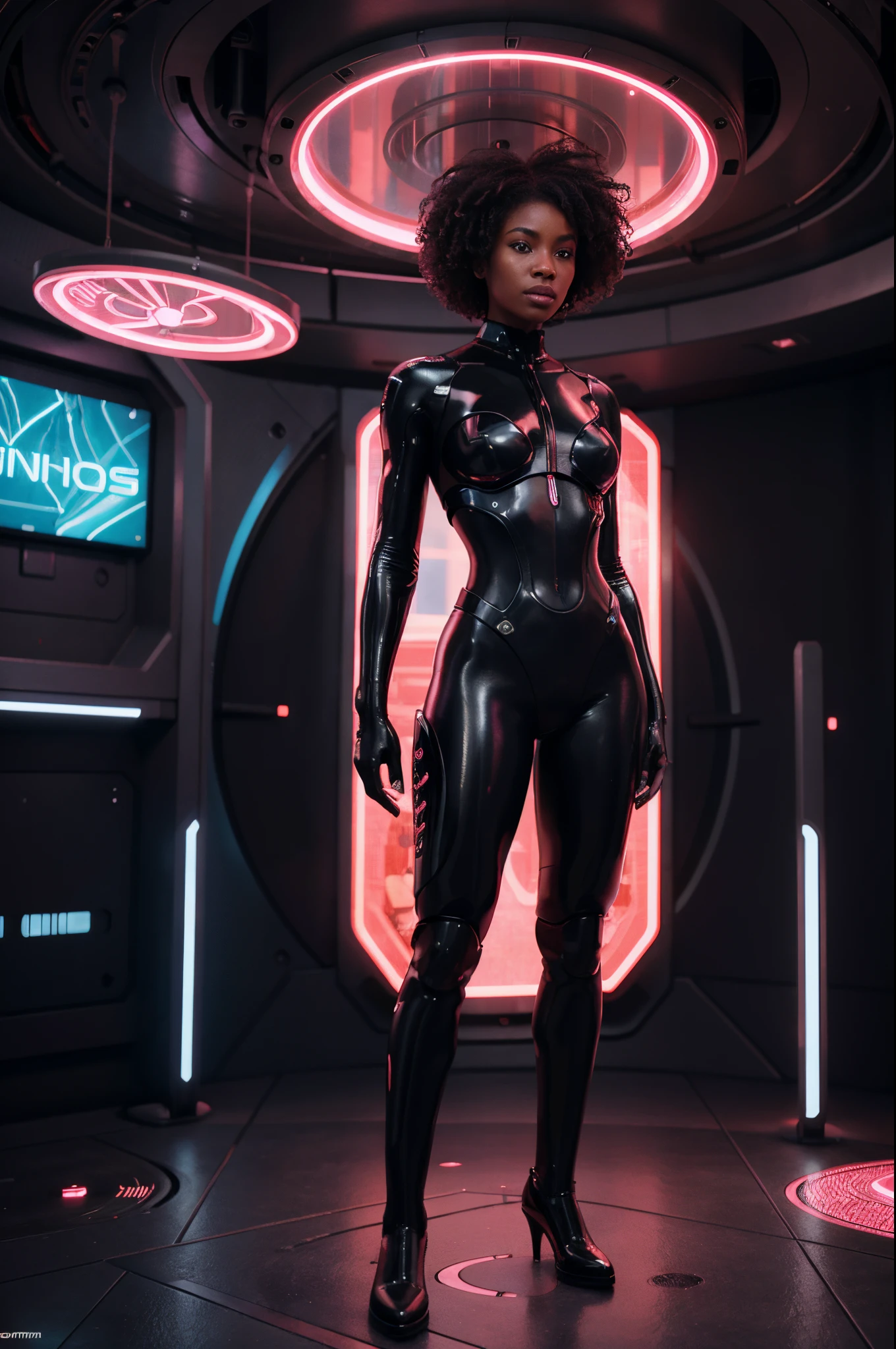 A wide angle shot of black woman standing in a futuristic sci-fi room with a garden of roses al pink, full of circular neon lit rotating machines, sci-fi art, surrealism, artgerm style, 32k, ultra HD, unreal engine rendered, hyper-realistic image,