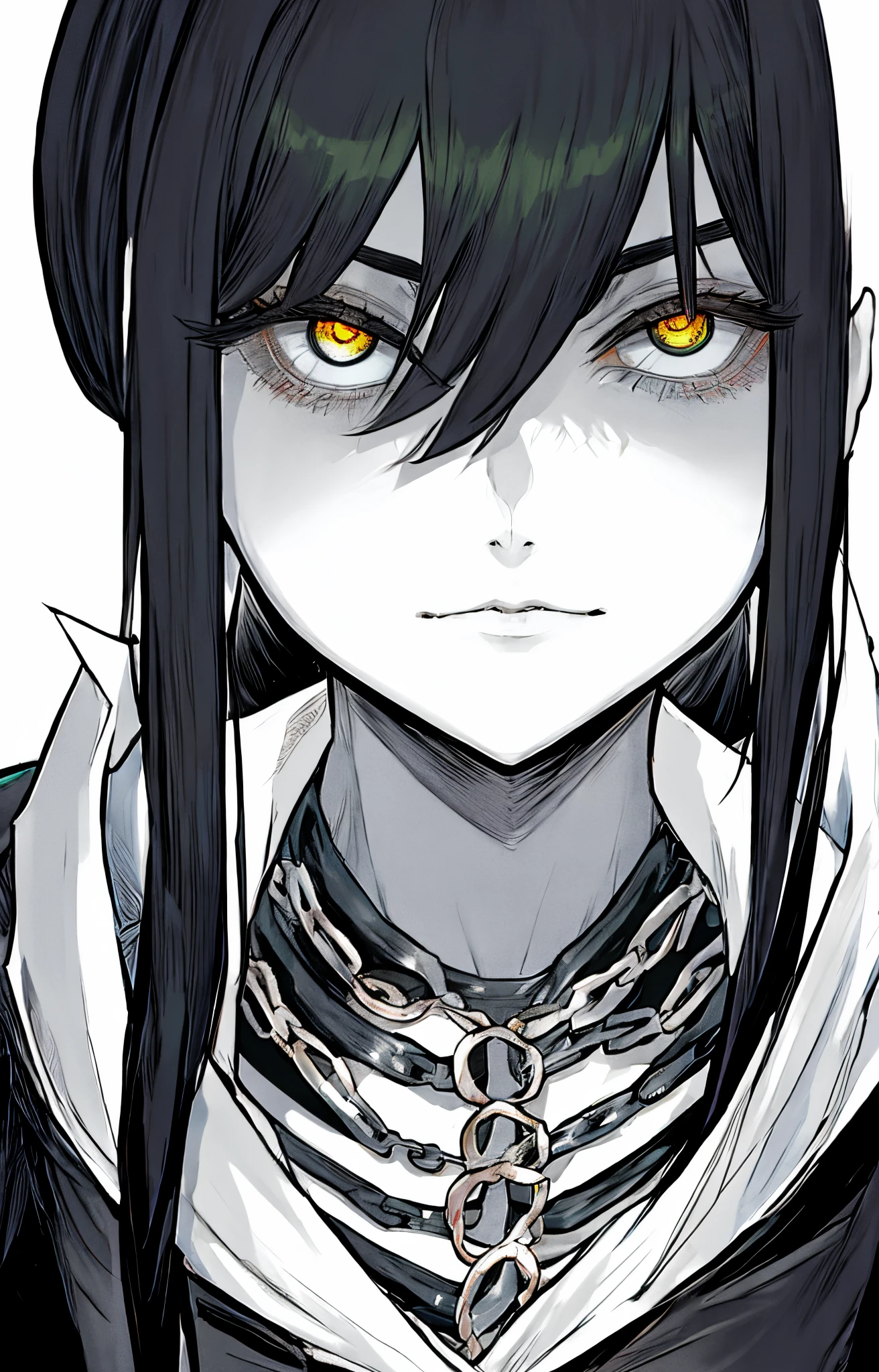 Girl with medium black hair, olhos roxos brilhantes e cor forte,expression serious, olhando fixamente para a tela imagem escura, high quality imagem, Ultra HD, manga-style, Chainsaw Man Manga style