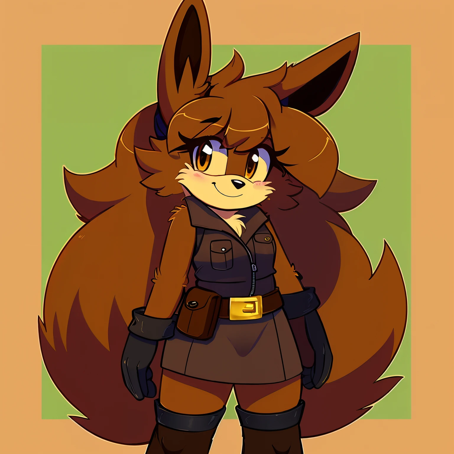 ((Solo)), ((1girl)), Female, mobian, eevee, an anthropomorphic fox, large fluffy mane of fur, brown eyes, furry, shy smile expression, black vest, brown dress, dark brown and yellow tactical belt around waist, brown stockings with yellow trims, brown gloves, fuzzy hair bangs, long fuzzy hair, fluffy muzzle, light brown muzzle, light brown fur