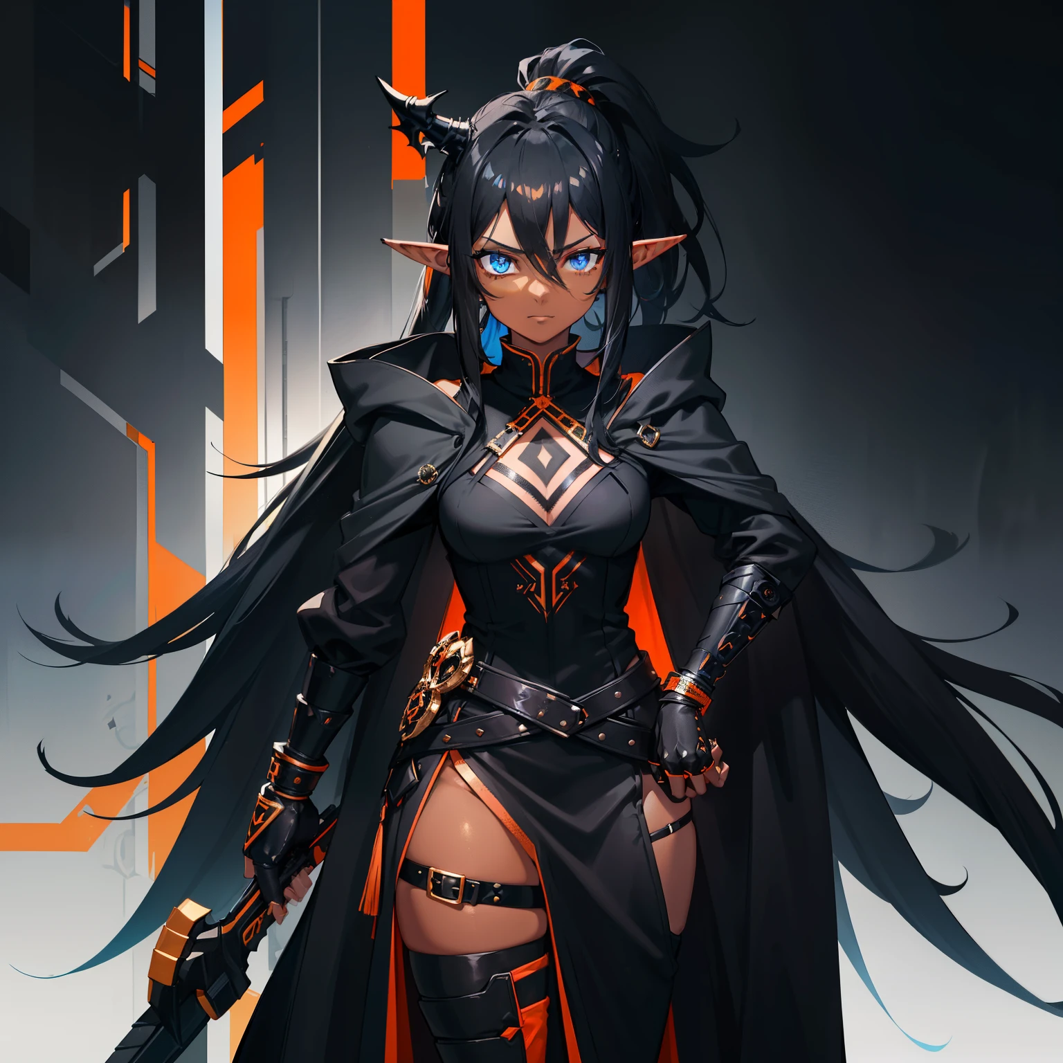 1girl , (((Dark Skin)))), Black Hair with Ponytail, (((Blue Eyes))), ((Black Metallic Gauntlets and Greaves with Orange and Silver Highlights)), (((The Clothes Have a Mix of Modern and Tribal))), (((The Clothes Have a Mix of Modern and Tribal))), having mostly the color black, but having parts in orange, shoulders exposed, at the hip a shorts that extend to half of the thigh of black color. ((Black Overcoat with a orange inner part)) absurd res, best res, high res, best face, best eyes, (((Dragon Tail))), ((Elf Ears))