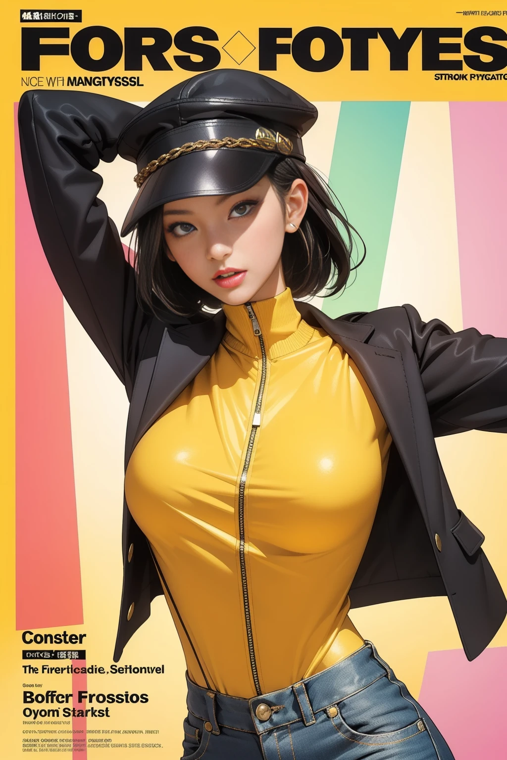1girl, sfw, cap, shorts, jacket, nice slender body, large breasts, (Magazine cover-style illustration of a fashionable woman in vibrant outfit posing in front of a colorful and dynamic background. She has a confident expression and is striking a pose. The text on the cover should be bold and attention-grabbing, with the title of the magazine and a catchy headline. The overall style should be modern and trendy, with a focus on fashion and lifestyle), wallpaper, crowds, fashion, contrapposto, female focus, model, cool