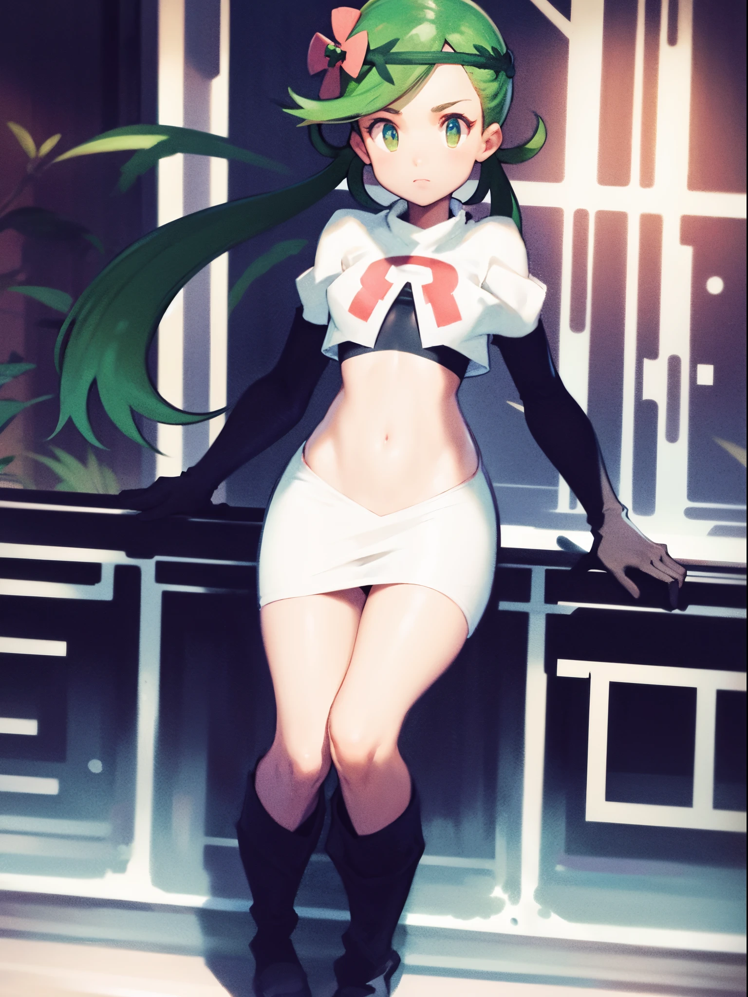 zodiac_mallow, lovely small breasts, solo, green hair, dark skin, twin tails, pink flower in hair,team rocket,team rocket uniform,white skirt,crop top,black thigh-high boots,black elbow gloves,