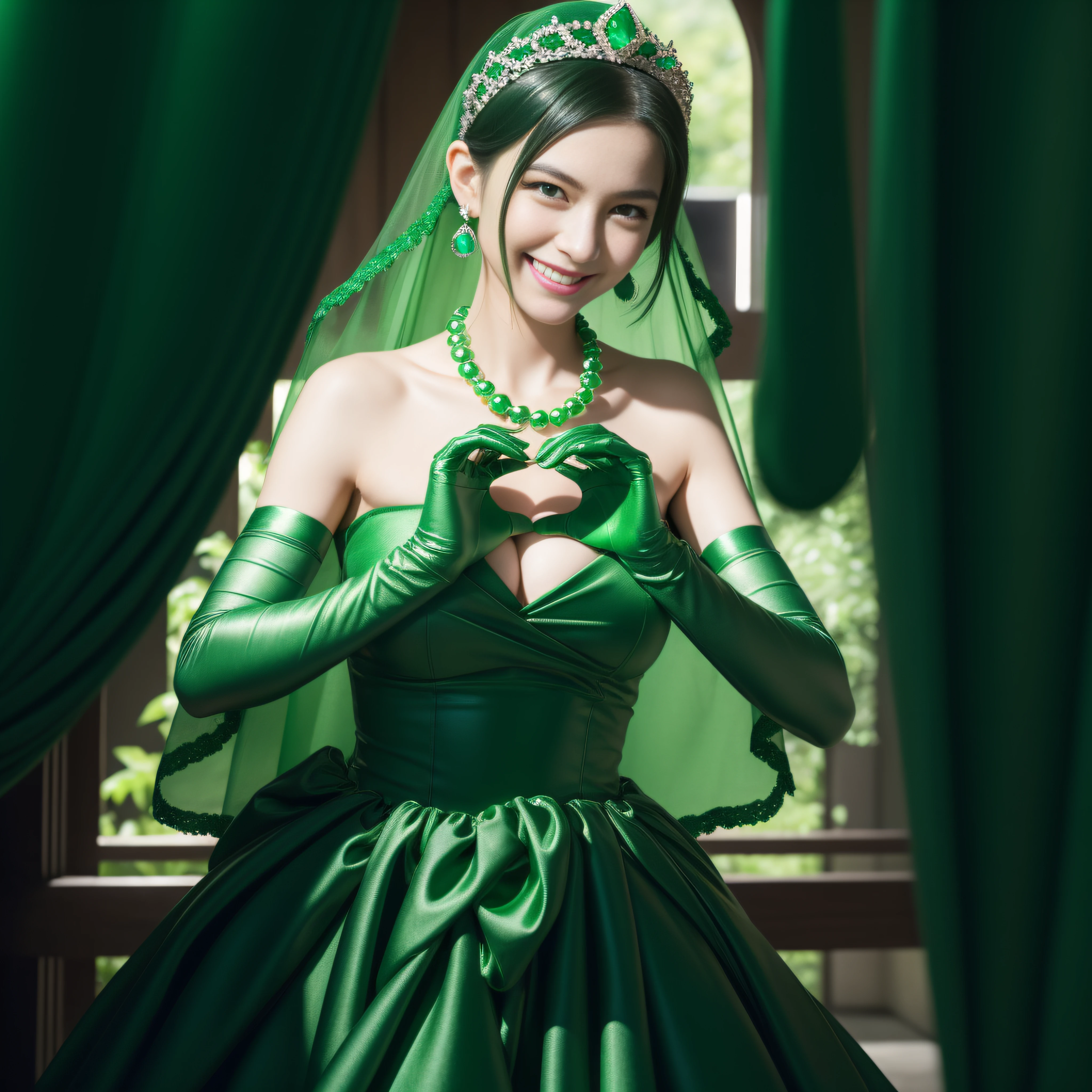 emerald tiara, Green Pearl Necklace, Boyish very short black hair, lipsticks, Japan woman smiling, very short short hair, big breasts beautiful, Green eyes, Long green gloves made of satin material, Green eyes, Emerald Earrings, green vale, Heart with both hands