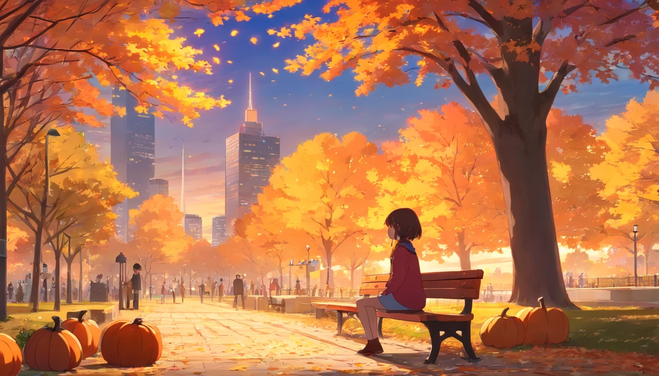 Fall Colors, Girl sitting at bench in a park, Hair Blowing in wind, sunset, city view behind park, the park is decorated for Thanksgiving, pumpkins are in the park, kids playing in the park