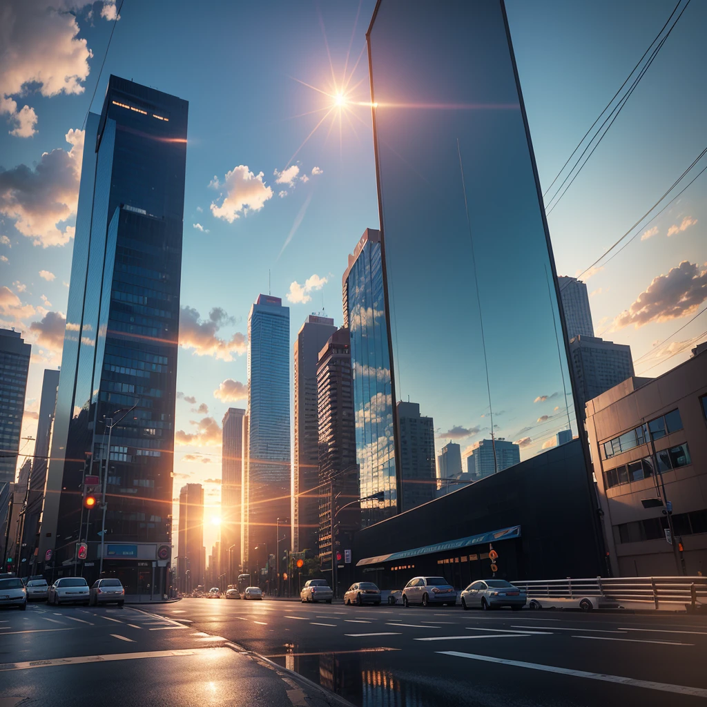 no humans, scenery, cloud, sky, reflection, outdoors, sunset, signature, cloudy sky, sign, utility pole, building, power lines, road sign, blue sky, mirror, city, sun, cityscape, horizon, lens flare