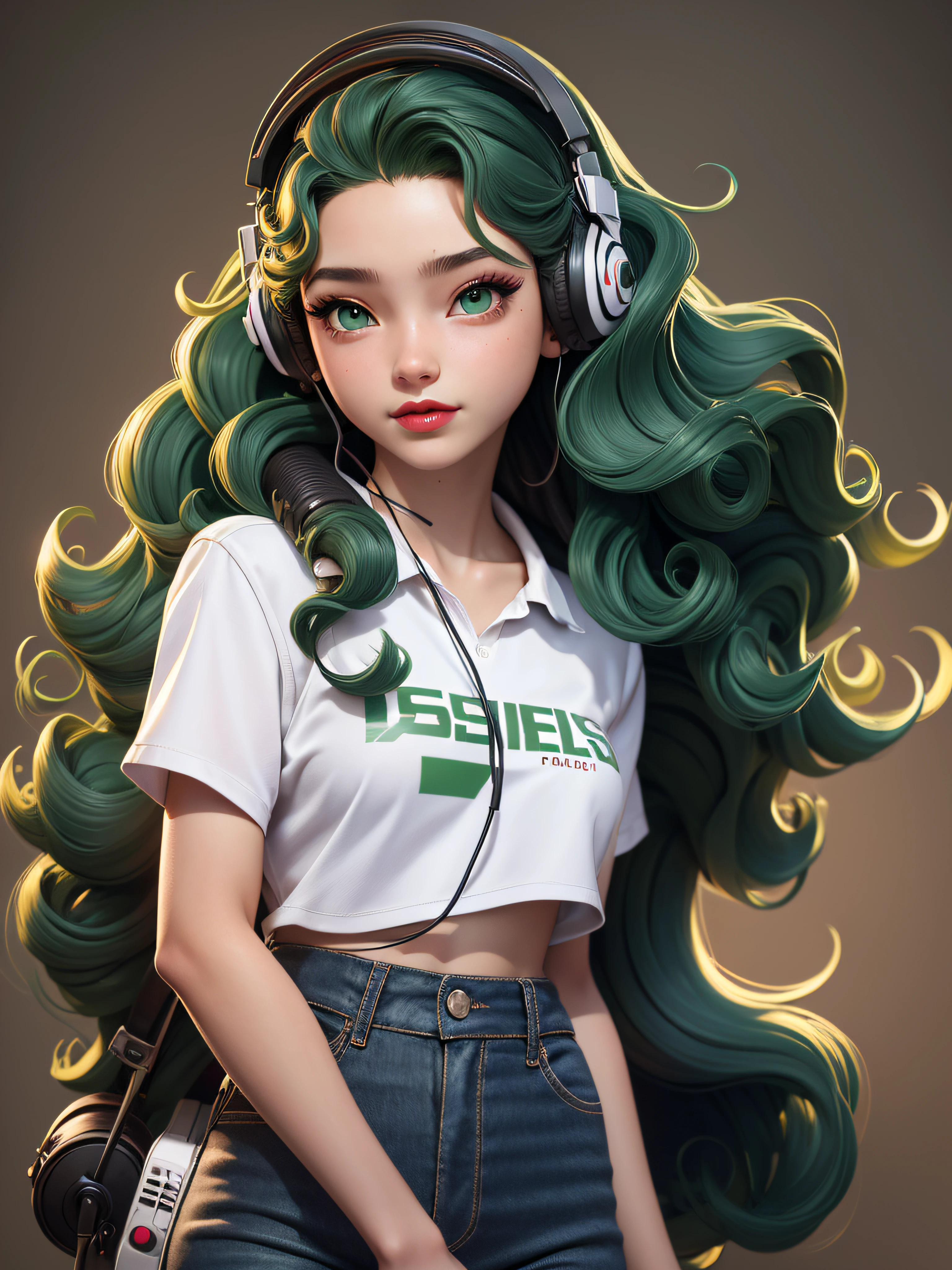 young girl,  (Jesica Alba :1.1) red lips, green eyes, listen to music, headphones, long curly hair, Art by Ray Shark