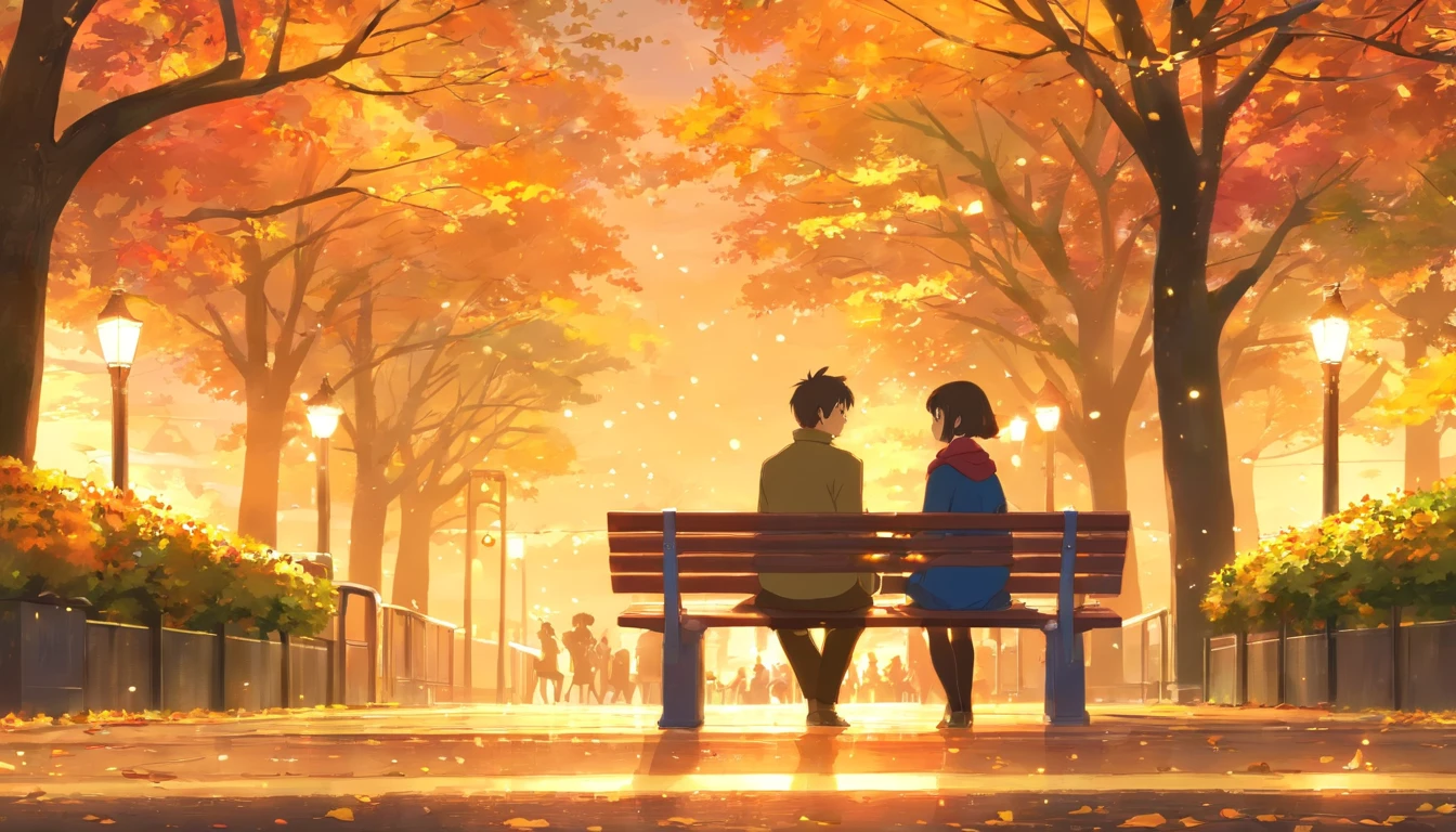 "Create a warm and festive image of a man and woman sitting on a park bench, surrounded by the vibrant colors of fall foliage. The setting is a well-decorated park, with Thanksgiving-themed ornaments such as decorative pumpkins placed around. Children can be seen playing joyfully in the background. The atmosphere is filled with the spirit of the Thanksgiving holiday, and the park is bathed in the golden hues of a sunset, casting a warm glow over the scene. The cityscape in the background adds a touch of urban charm, with lights beginning to twinkle as dusk sets in. Capture the essence of this autumnal moment, with the couple enjoying the seasonal beauty and festivities around them."