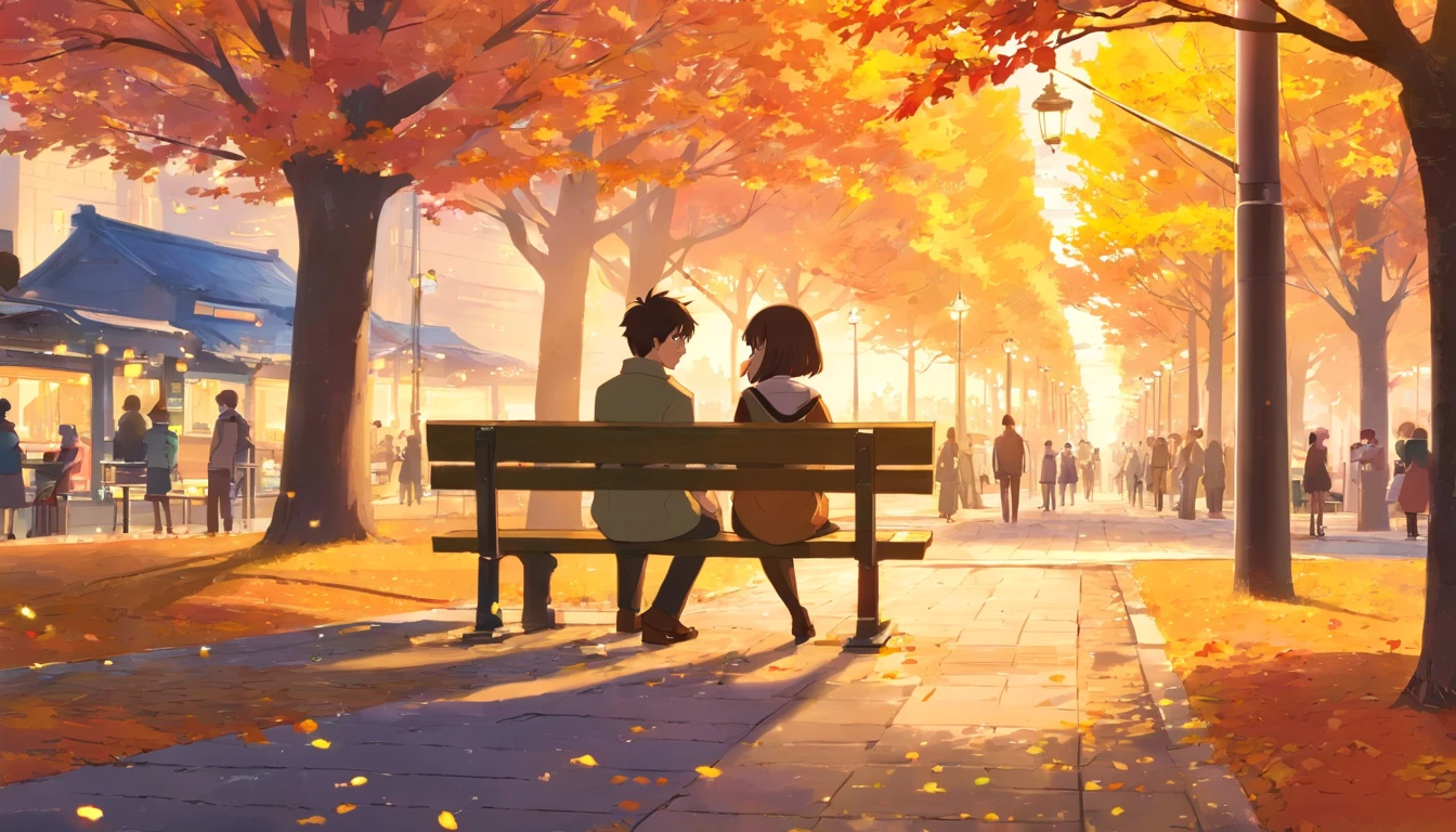 "Create a warm and festive image of a man and woman sitting on a park bench, surrounded by the vibrant colors of fall foliage. The setting is a well-decorated park, with Thanksgiving-themed ornaments such as decorative pumpkins placed around. Children can be seen playing joyfully in the background. The atmosphere is filled with the spirit of the Thanksgiving holiday, and the park is bathed in the golden hues of a sunset, casting a warm glow over the scene. The cityscape in the background adds a touch of urban charm, with lights beginning to twinkle as dusk sets in. Capture the essence of this autumnal moment, with the couple enjoying the seasonal beauty and festivities around them."