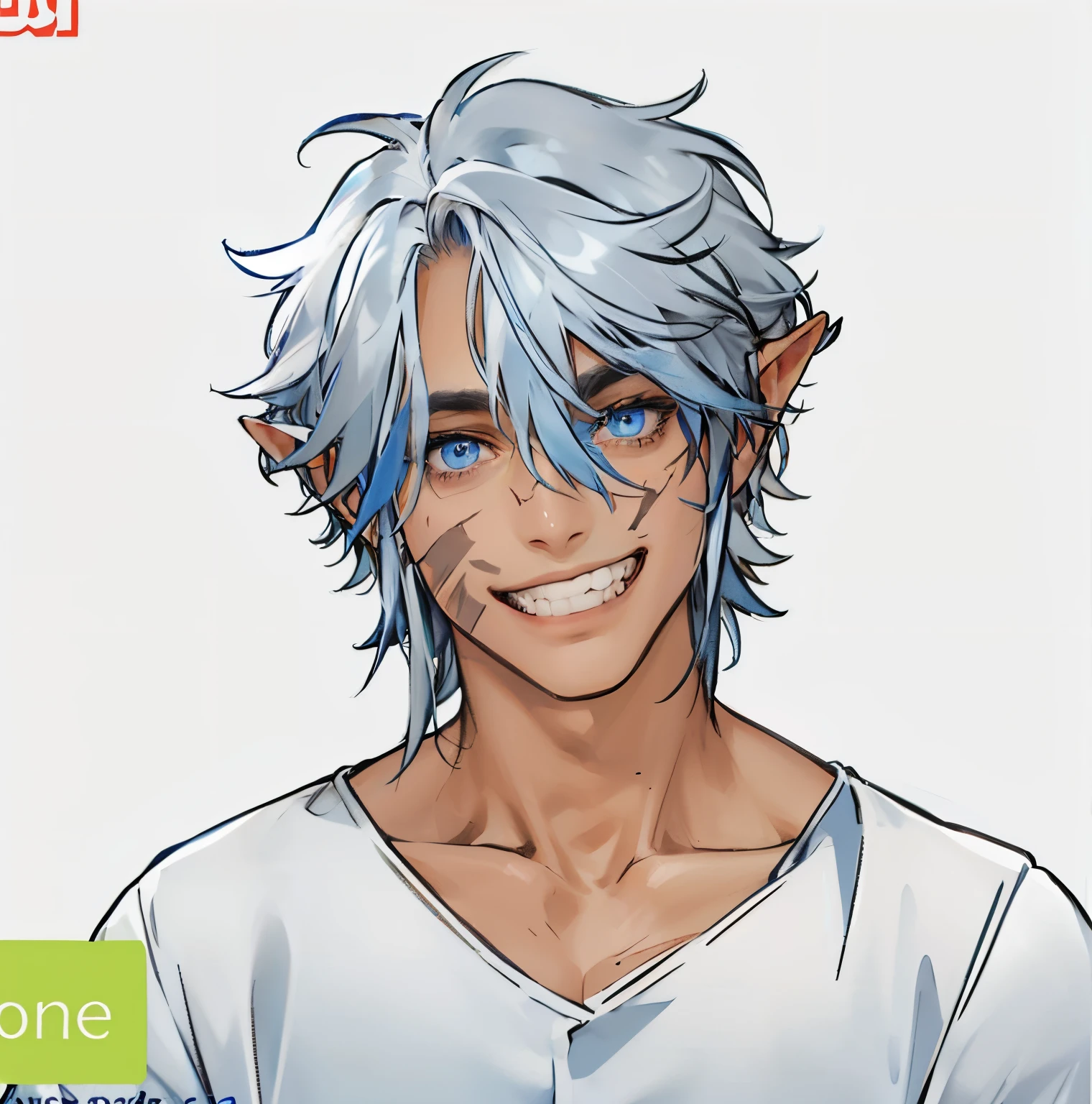 masterpiece, best quality, bright blue eyes, dark tan skin with scars, white button-up shirt, fluffy white hair, pointed ears, masculine, bright smile