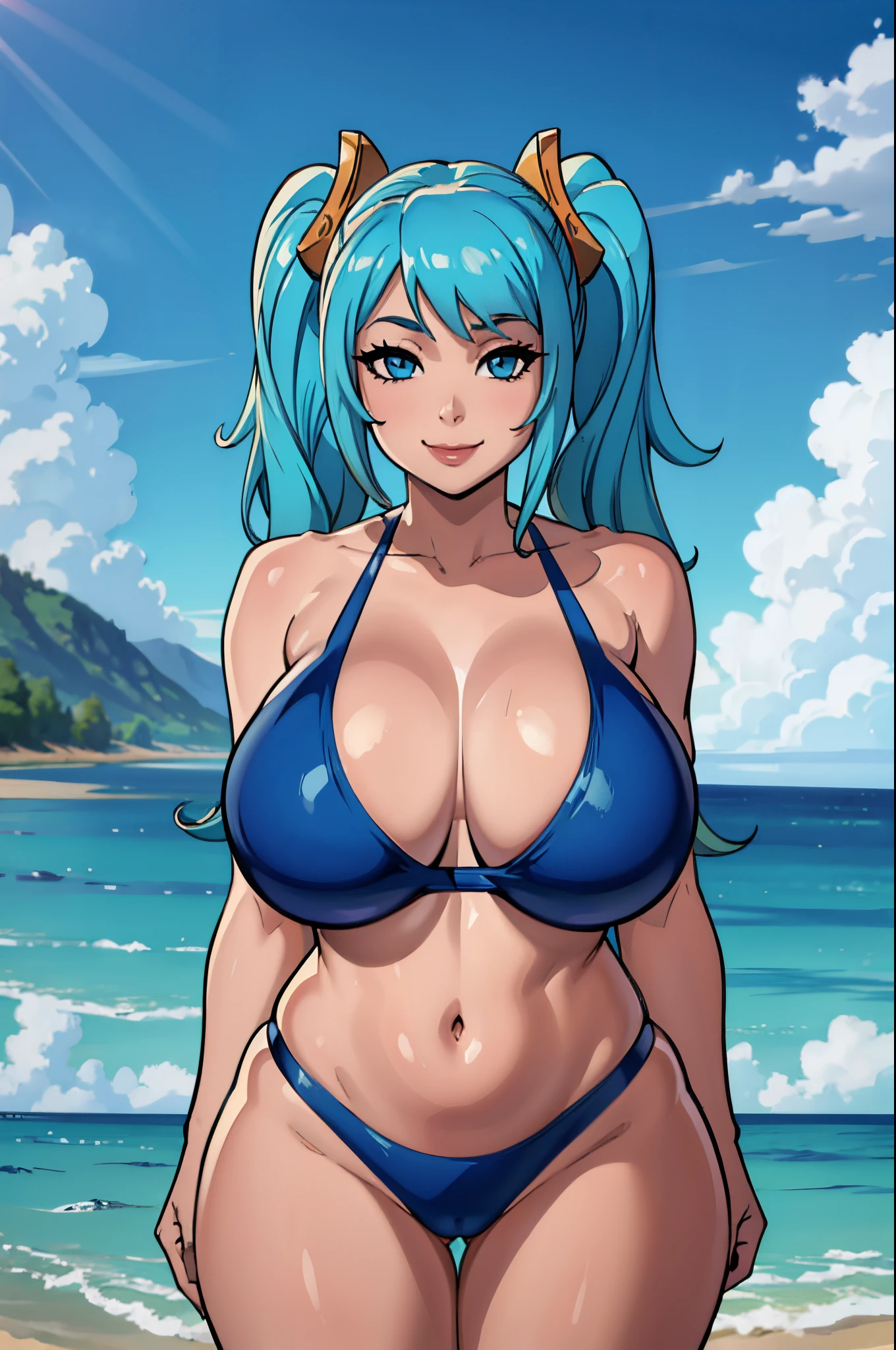 (masterpiece, official art), 1girls, solo, shortstackBT, shortstack, thick, curvy, curvaceous, plump, goddess, light blue hair, blue eyes, long hair, sona buvelle, twintails, hair ornament, (competitive swimsuit, school swimsuit), (closeup), portrait, (gigantic breasts), standing, cowboy shot, at beach, lifeguard, looking at viewer, (upper body), smile, seductive, alluring attire, (cleavage), open shoulders