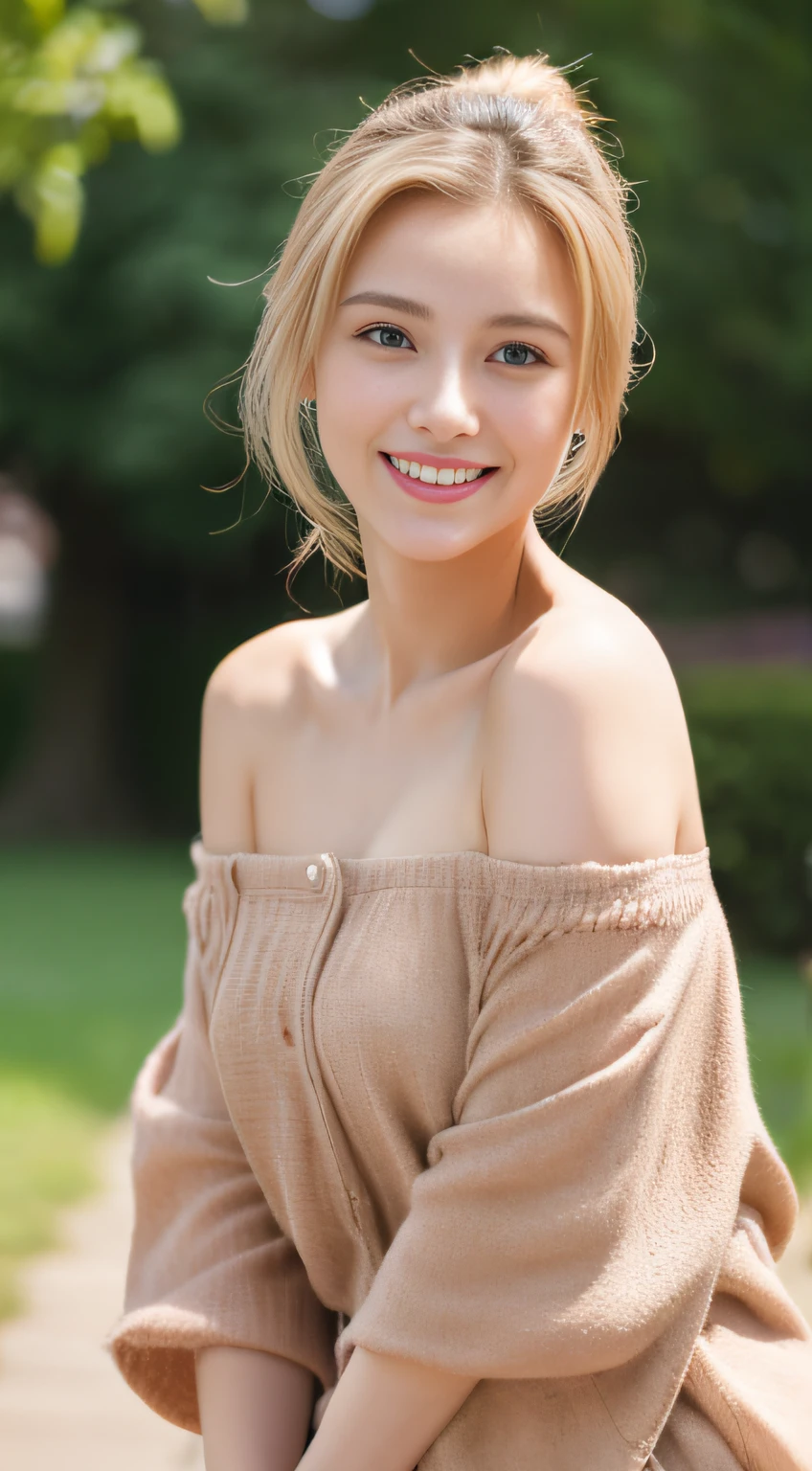 top-quality、masterpiece、超A high resolution、portlate、(Photorealsitic:1.4)、Raw foto、1girl in Smile、a blond、Off-the-shoulder wear、Detailed facial texture
