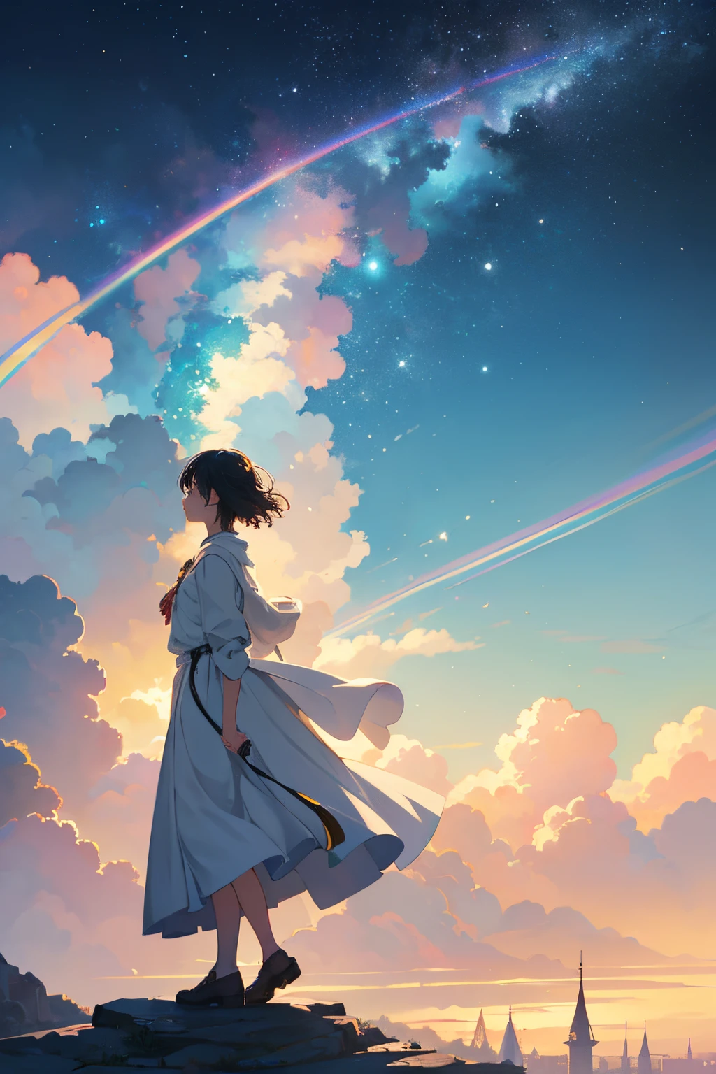 Create exquisite illustrations reminiscent of Makoto Shinkai's style, It has ultra-fine details and top-notch quality. Create a mesmerizing illustration where the entire expanse of the sky transforms into the colors of the rainbow. Picture a scene where a boy or girl gazes up at this breathtaking display of a sky painted in all seven hues of the rainbow. The vibrant colors should envelop the entire sky, creating a surreal and enchanting atmosphere. Enhance the nostalgic feel by incorporating subtle details that evoke a sense of timeless beauty. The overall composition should transport viewers to a dreamlike world where the celestial canvas is a radiant spectrum of nostalgia and fantasy.