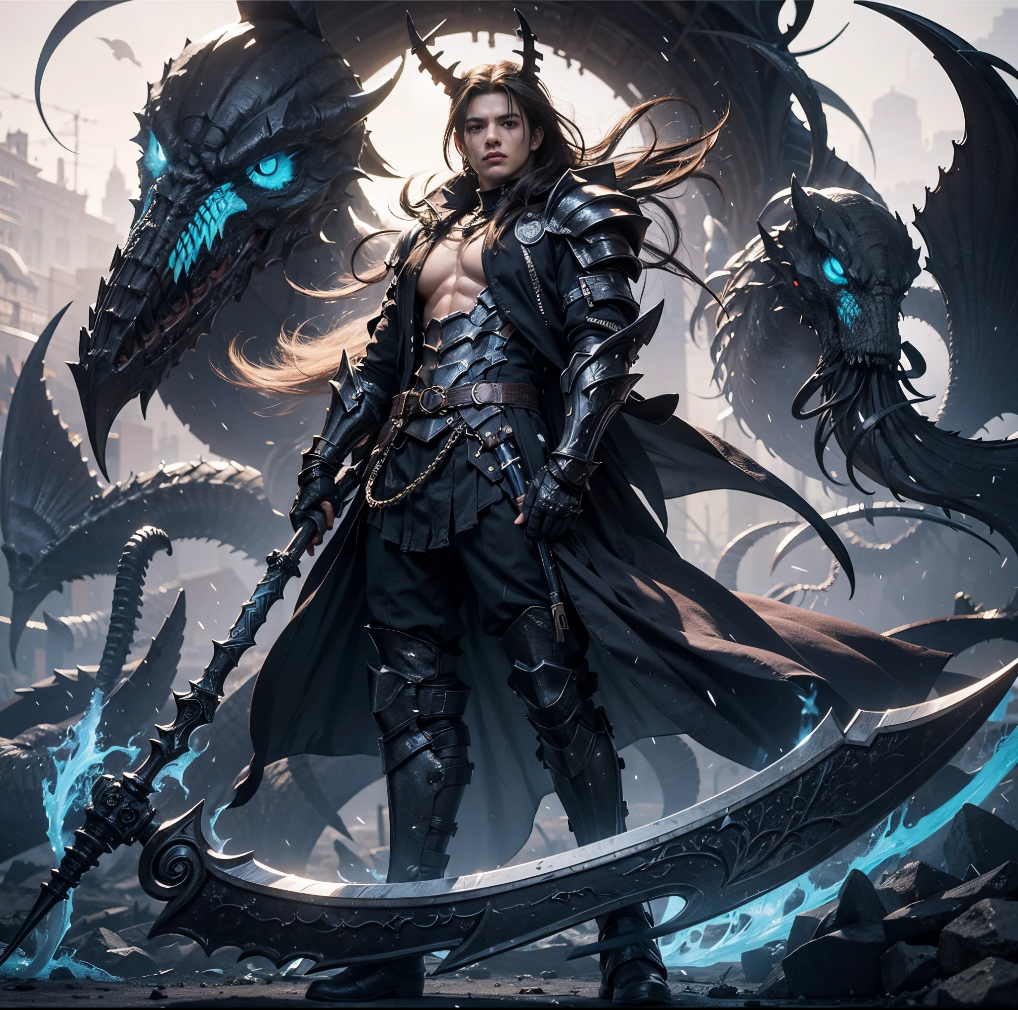 Obra maestra, hiperrealista con detalles intrincados. Un primer plano de un hombre, cabello plateado, dark skin, exoskeletal armor. holding a black scythe. por Yang J, Pixiv, fantasy art, Demonio masculino en forma con cuernos blancos., armadura de asesino intrincada, Villano, pesadilla