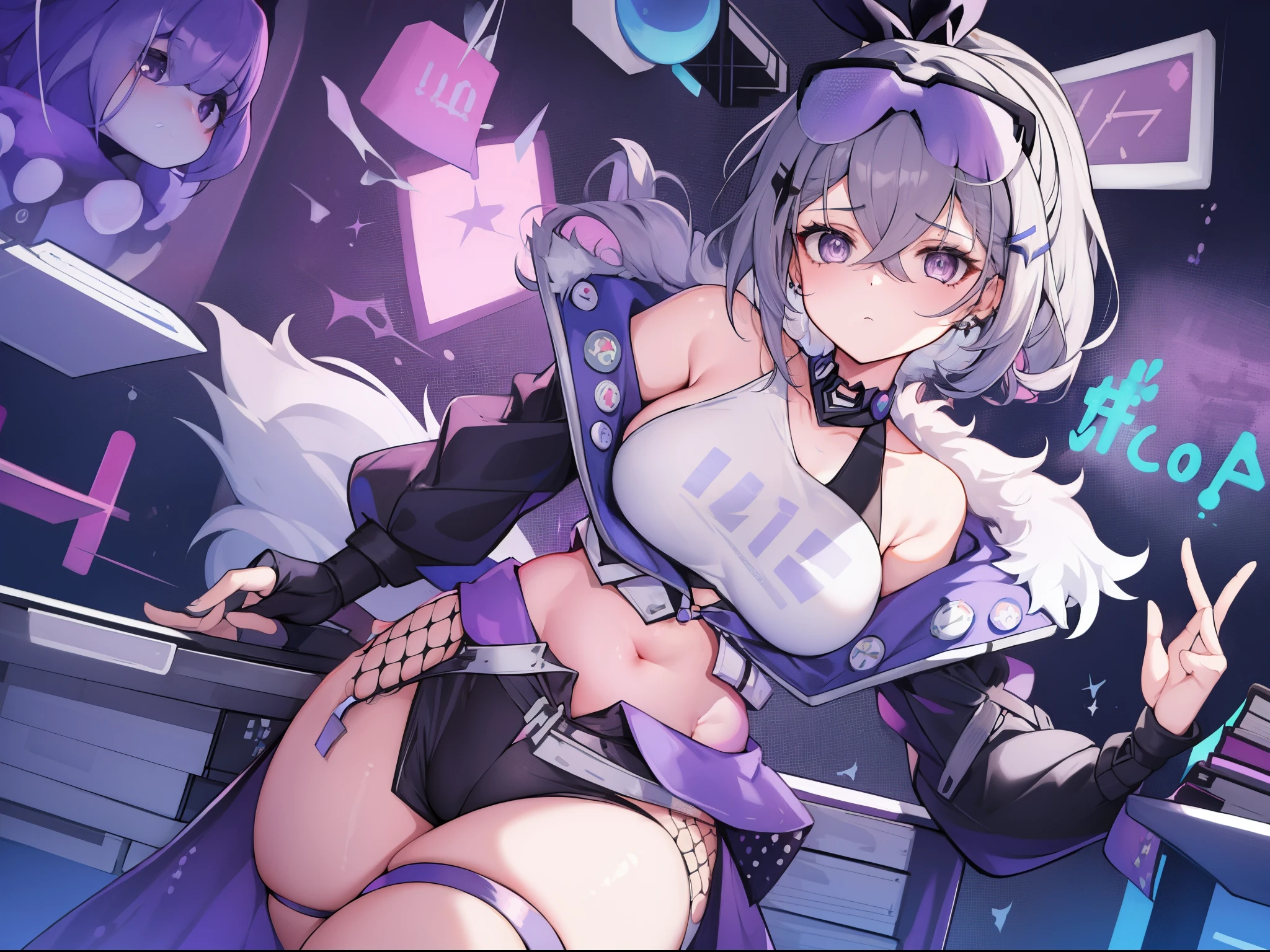 1girl, solo, wolf girl, orejas de lobo, cejas cortas, orejas de animales, purple nails, piel blanca, pechos grandes, (pelo sobre los ojos: 1.1), ojos anillados, pupilas rosadas, cabello plateado, cabello puntiagudo, cabello corto, asymmetrical bangs, trenza, (policia: 1.4), (esposas: 1.2), (excitado: 1.2), (abanico de cabello), rubor claro, abrigo abierto, te vas a comer, sideboob, webcam, cyberlive, live stream, (foto de vaquero: 0.8), (expresiones), ((libro de datos)), (anotado:1.4), ((tabla de vestuario)), ((((How to do it)))), (texto:1.4), (hips:1.6)