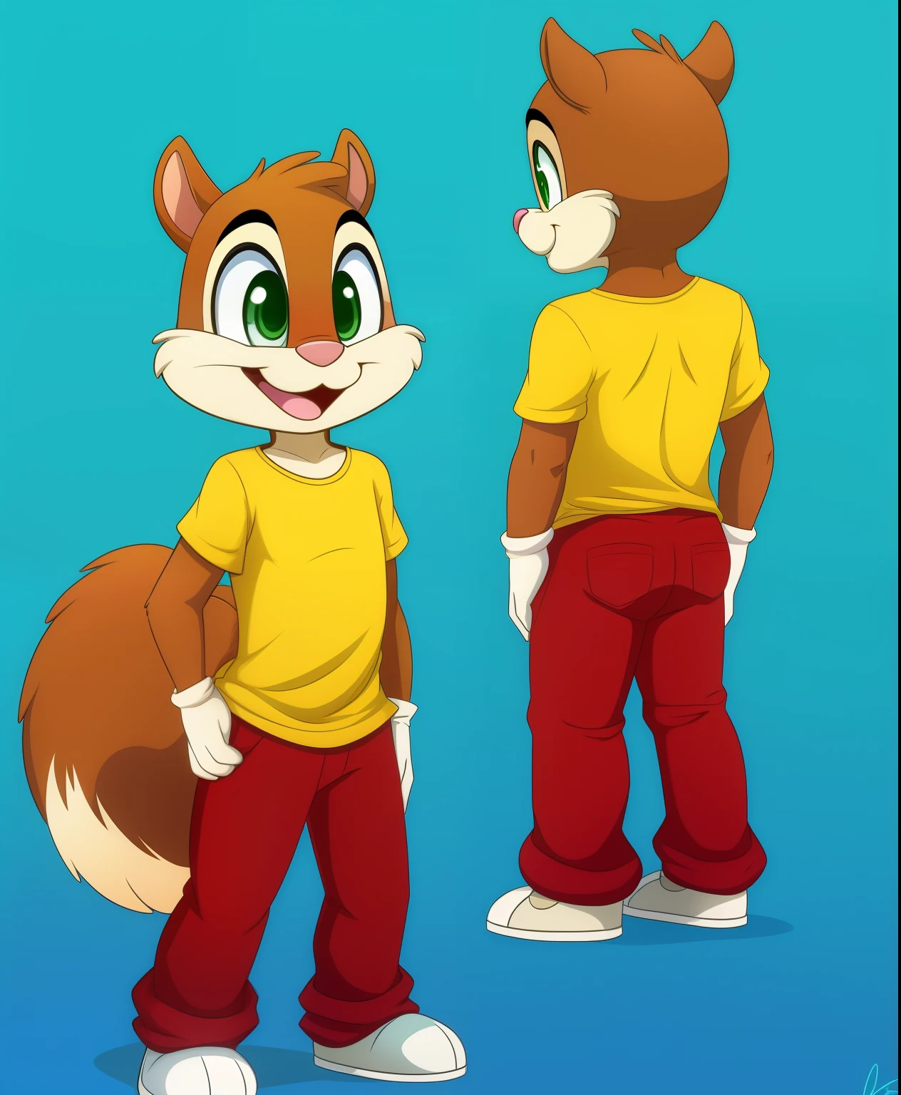 Charles the squirrel, tiny toons style, yellow shirt, red pants, green eyes, full body