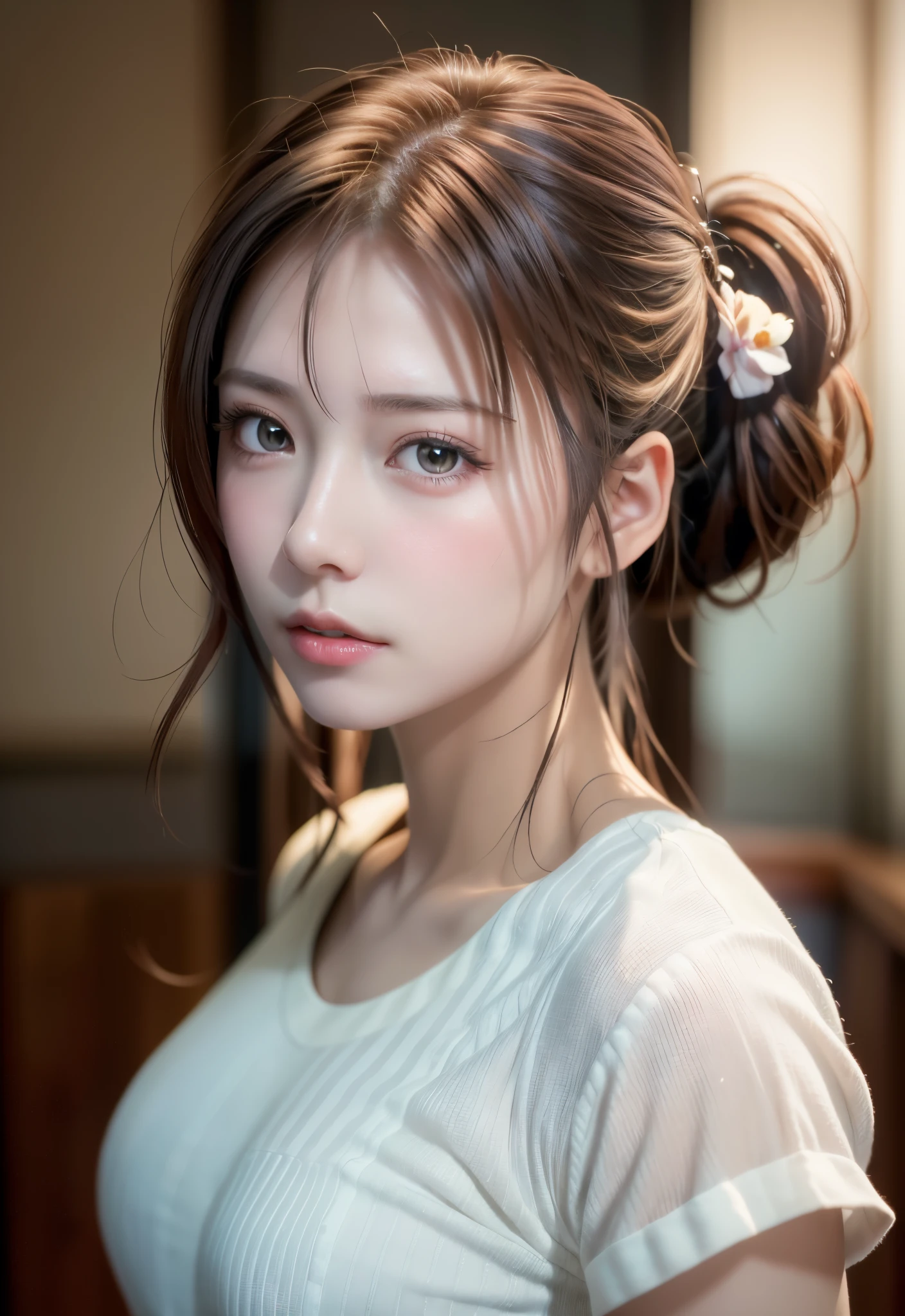 8K, of the highest quality, masutepiece:1.2), (Realistic, Photorealsitic:1.37), of the highest quality, masutepiece, Beautiful young woman, Pensive expression, Sweet look, Sexy white shirt、Hair tied back, Messy mood, Cinematic background, Tired, Light skin tone