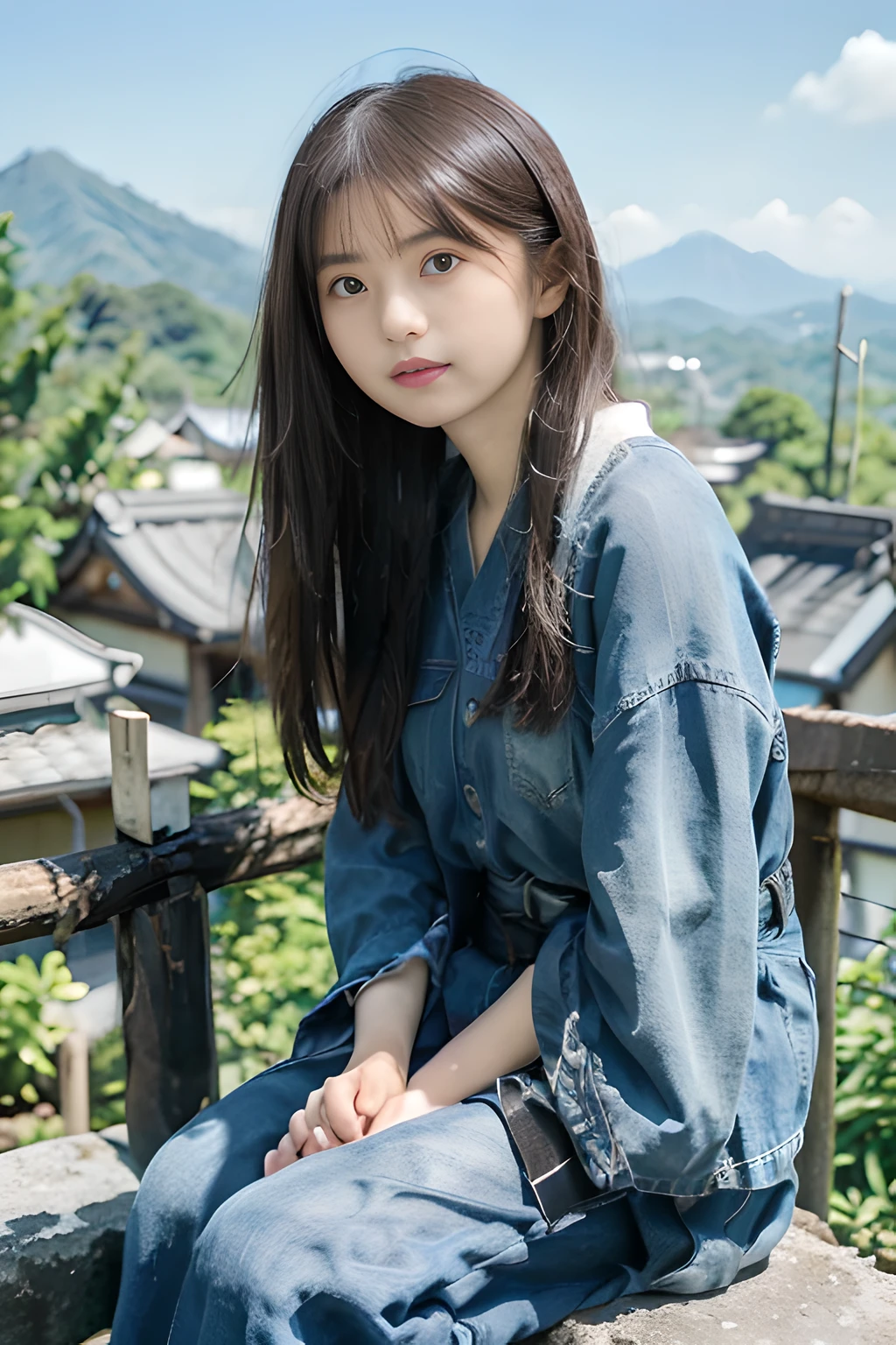 stand at the top of Japan'Majestic mountain々, Imagine a beautiful Japanese model striking a triumphant pose。。。。, Fully immerse yourself in a moment of awe and accomplishment. His expression shone with the utmost sense of fulfillment....., Her gaze reflects the profound beauty of the surrounding nature.