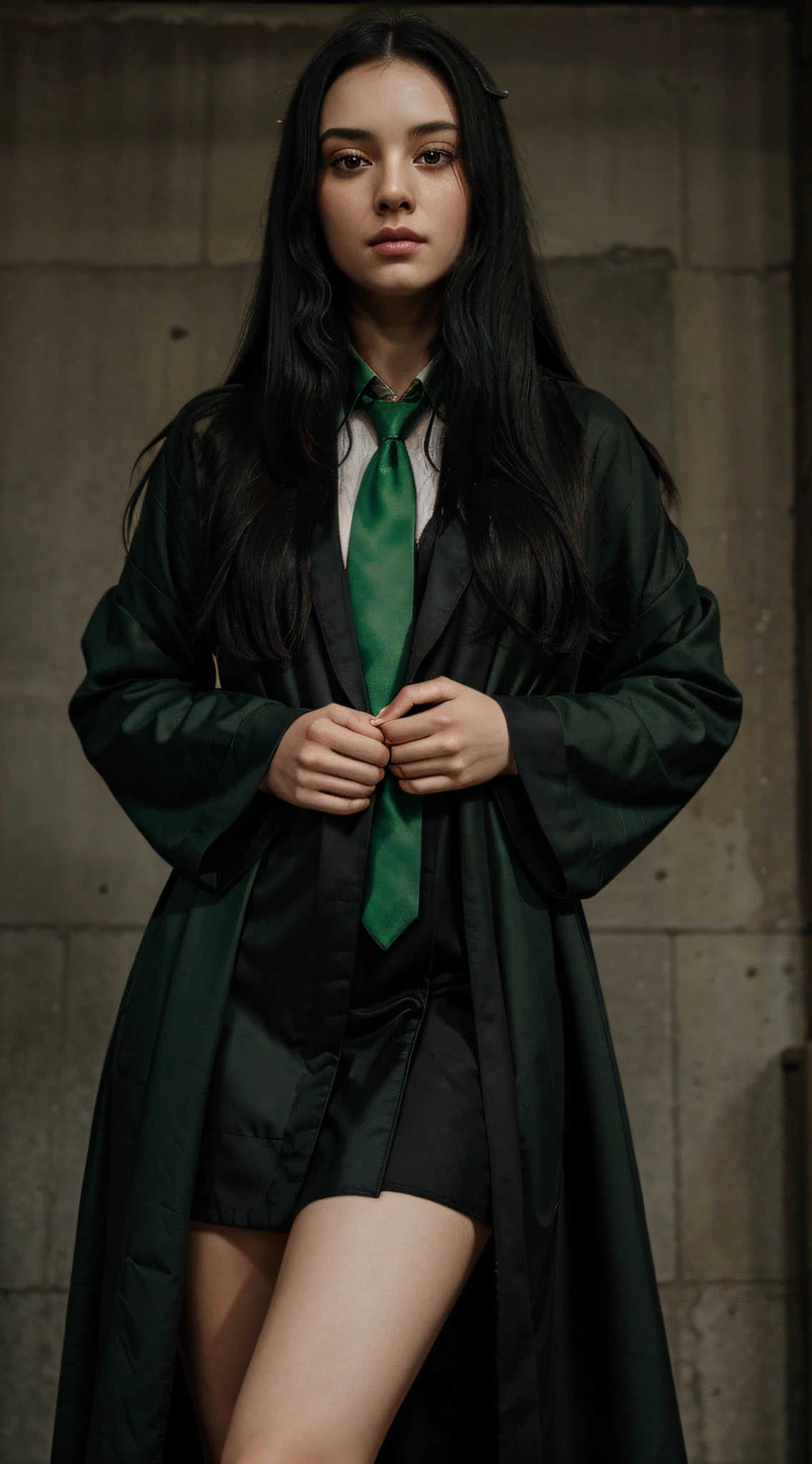 girl, long black hair, Slytherin robes with a green tie