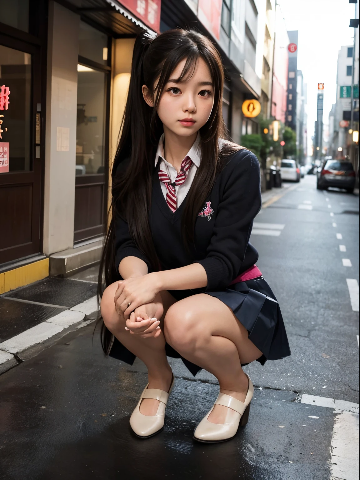 take a full body photo of a Japanese girl wearing a school uniform, the girl is sitting squatting with her legs spread apart as if deliberately showing her panties, she is squatting on the sidewalk giving a piece sign pose with a lewd face, she must have thic and sexy areolas, and black hair , the chest should be big. Please make her look like a typical Japanese school girl with a white blouse, red ribbon, black loafers, knee socks, and a very short pleated skirt. capture the natural lighting of the scene with a bright, sunny ambiance. Make sure photos look authentic and capture the energy and charm of a Japanese schoolgirl in a busy urban environment