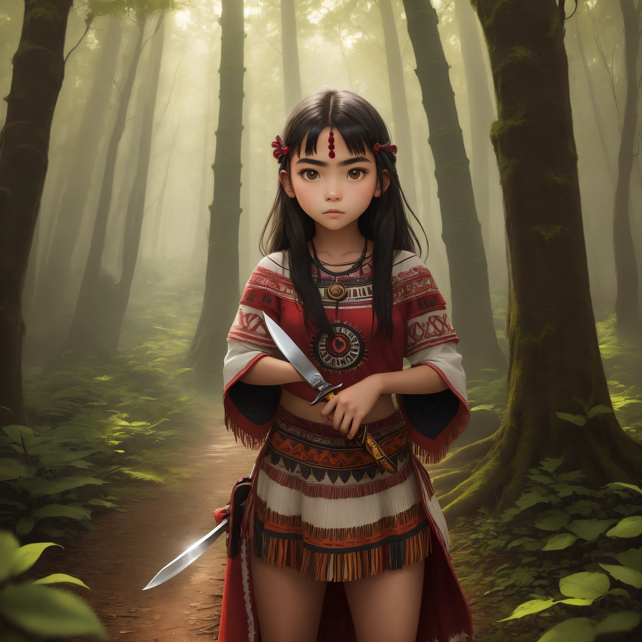 aztec teenage girl in the forest with a knife