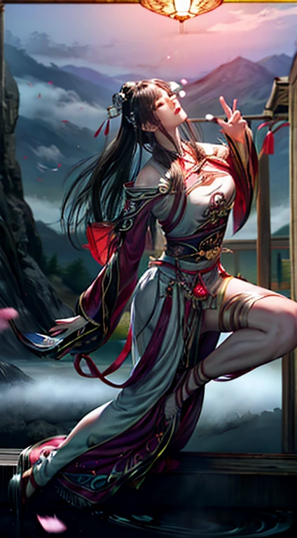 (best quality,4k,A high resolution,master part:1.2),ultra-detalhado,Realistic, Hanfu preto e branco,Bordado Preto, Flowing white ponytail, long flowing hair, uma huli jing ,white mask, The mask flutters in the wind, Ornamento de cabelo com franjas, peony flower, estilo antigo, mangas largas, dynamic pose, dramatic composition, Falling flower petals, Red waistband, O Contexto Complexo, arquitetura antiga, Nuvens enevoadas, fundo do conto de fadas, swirling clouds, Cinematic lighting.