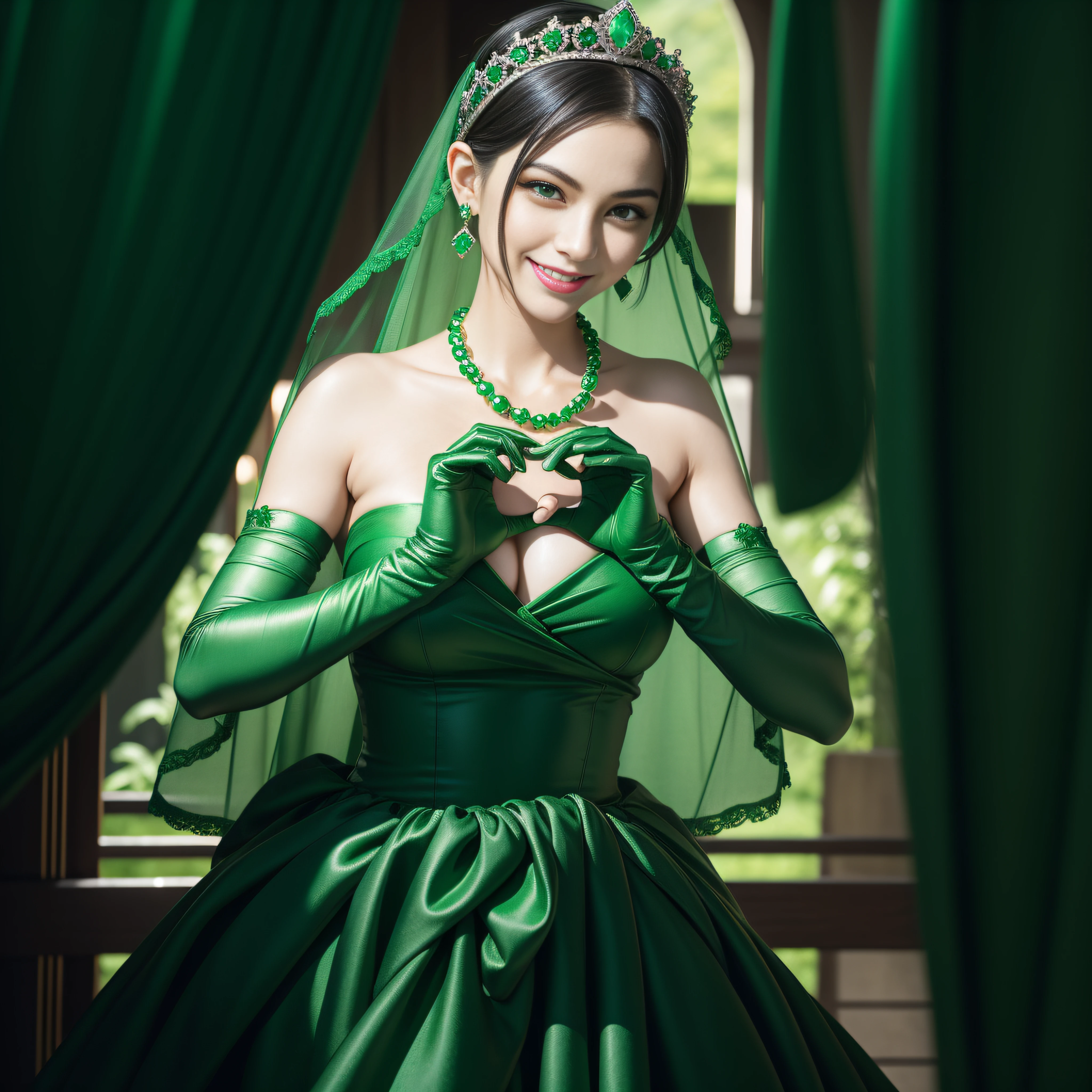 emerald tiara, Green Pearl Necklace, Boyish very short black hair, lipsticks, Japan woman smiling, very short short hair, big breasts beautiful, Green eyes, Long green gloves made of satin material, Green eyes, Emerald Earrings, green vale, Heart with both hands