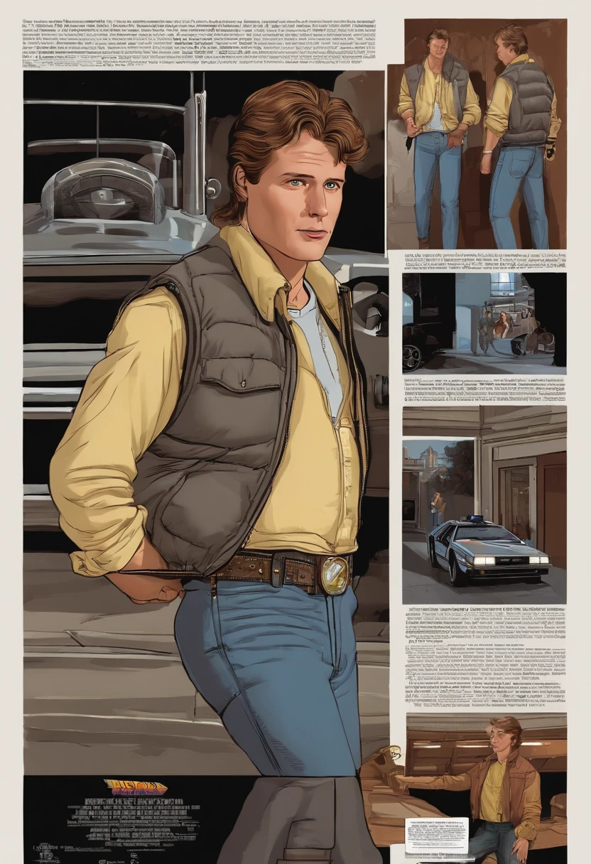The image is of Marty standing next to the DeLorean time machine with a perplexed expression on his face.,Back to the Future film series,Marty McFly, the protagonist of the “Back to the Future” film series, portrayed by Michael J. Fox, epitomizes the quintessential 1980s ager in style and demeanor. He’s often seen wearing a puffer vest over a denim jacket, a graphic t-shirt, and jeans, a look that has become iconic. Marty is of average height, with a lean build, and sports a casual, slightly unkempt hairstyle that adds to his youthful, energetic persona. His skateboard, an accessory in many scenes, further underscores his laid-back and adventurous character.
