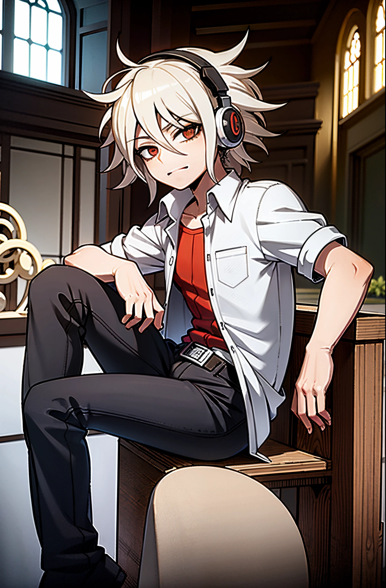 personagem de anime sentado em um banco em uma igreja com fones de ouvido, Nagito Komaeda, Nagito Komaeda de Danganronpa, cabelos brancos, Hajime Yatatate, arte oficial, cabelos brancos, Arte Oficial, Arte digital de Danganronpa, um louco de cabelos prateados, nero Retrato, arte chave do anime