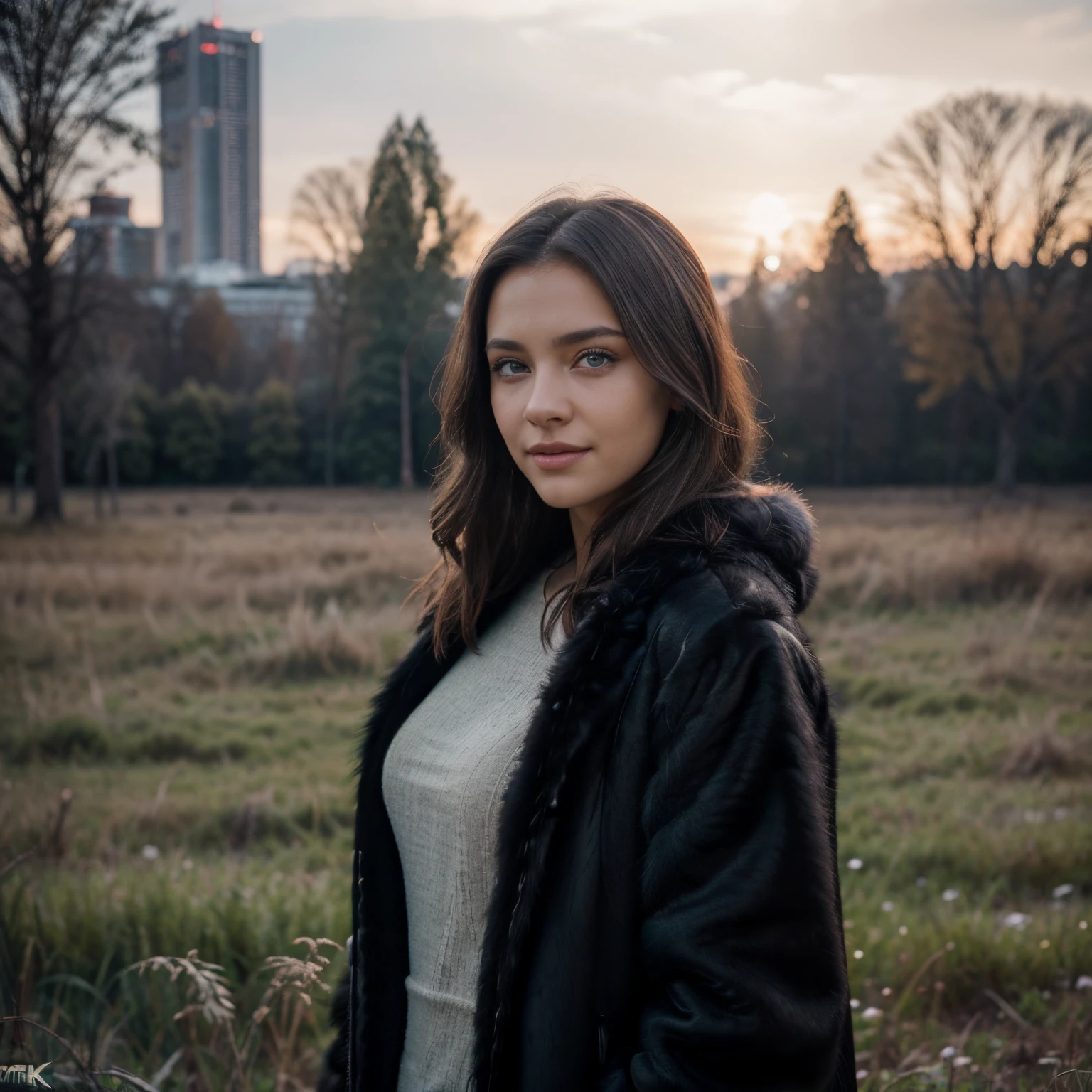 Masterpiece, (((full figure supermodel visible full body shot))), (((magical lighting action shot))) (((beautiful fit pale smiling Grey eyes goddess Ukraine woman standing in cold field surrounded in heaven vast fantasy landscape))) ((city of kyiv Ukraine)), (((wearing a big black fur coat, looking into the camera))) , ((( brunette hair, accurate hands accurate eyes))) moody lighting, blue hour, blue colors, very detailed, dramatic lighting, digital art trending on Artstation 8k HD high definition detailed realistic, detailed, skin texture, hyper detailed, realistic skin texture, armature, best quality, ultra high res, (photorealistic:1.4), high resolution, detailed, raw photo, sharp re, nikon d850 film stock photograph 4 kodak portra 400 camera f1.6 lens rich colors hyper realistic lifelike texture dramatic lighting unrealengine trending on artstation cinestill 800, (((accurate female anatomy, perfect eyes))) (((500px, fstoppers, photosight.ru, iso noise)))