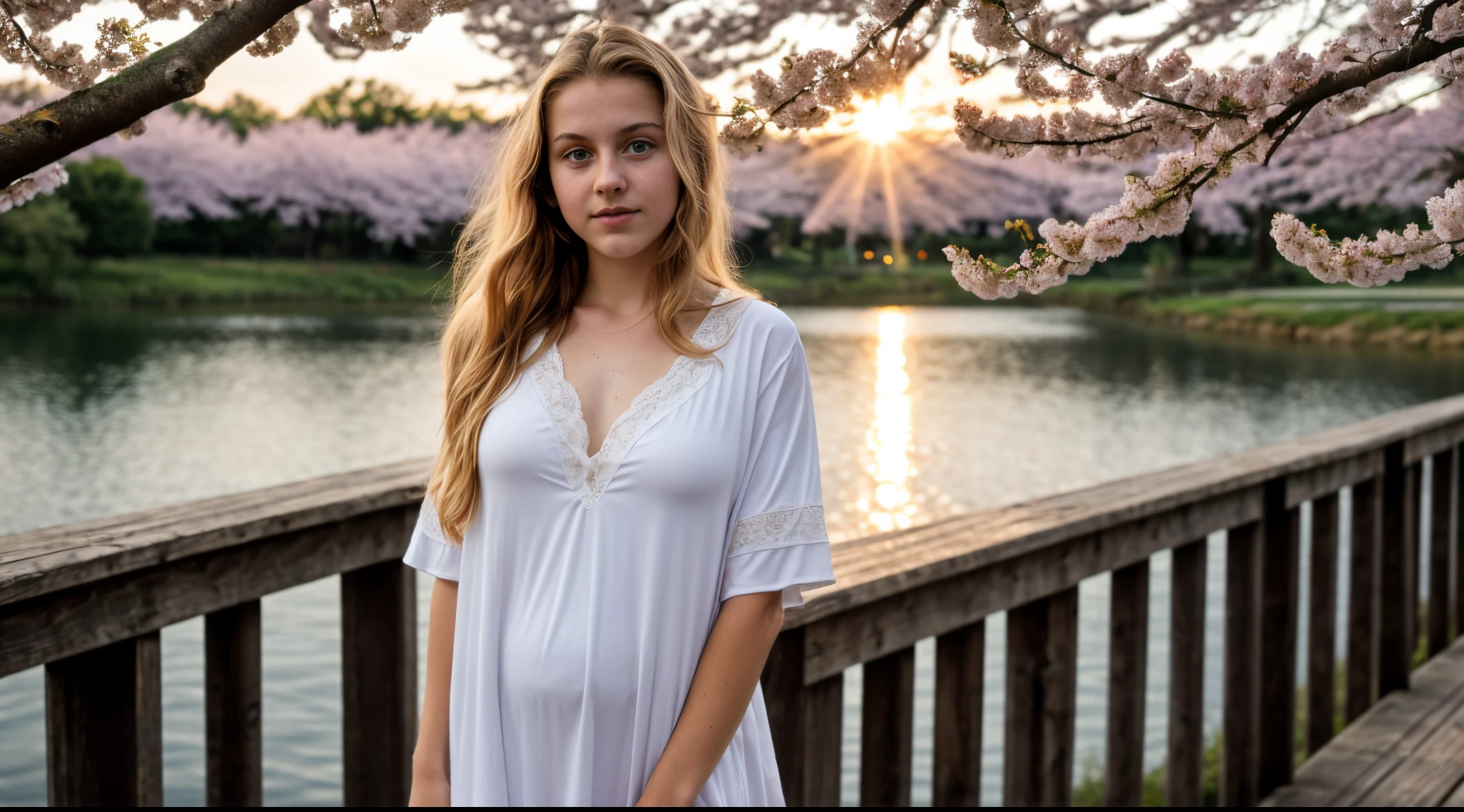 16 year old pre-, European, blonde, small breasts, big eyes, long legs, close-up of thighs, nightgown, park background, crossing a wooden bridge at the lake, tree, cherry blossom, sunrise, light through fabric, sexual, specular light, ray tracing, HDR