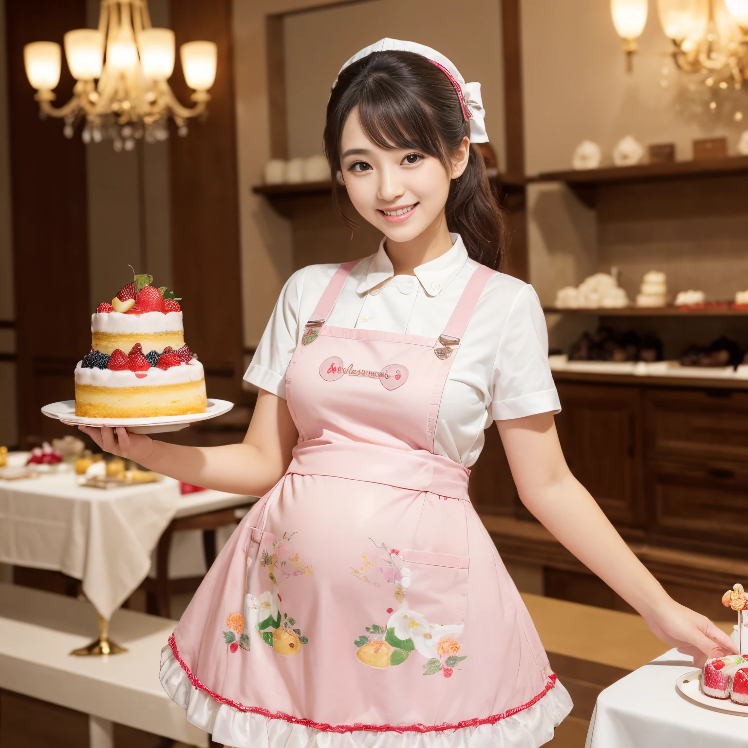 ((masutepiece、top-quality、Highly complex and detailed depictions))、1 Japan Beauty、patissier、Pastry Chef Uniforms、Pregnancy、Pastry chef's clothes、pinafore、perfect hand、Cake shop、The biggest smile staring at the camera、Slimed、Emphasize body lines、Fruit cake making、Perfect fingers、perfect anatomia