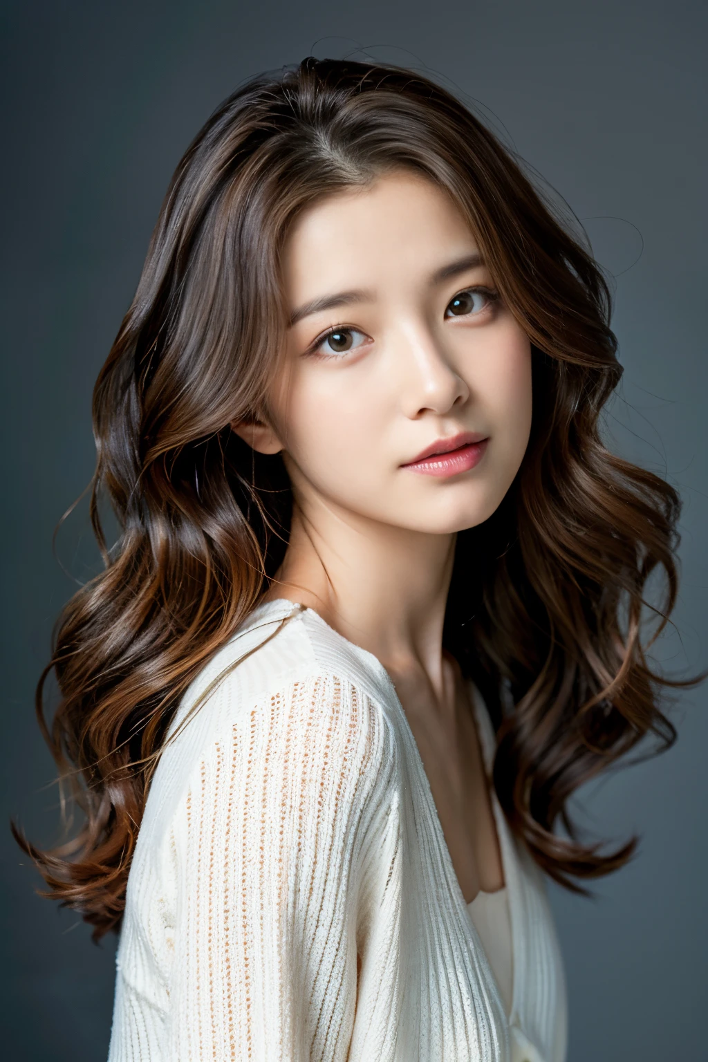 loose wavy hair、dark brown hair、Top image quality、Simple white studio、Photo from the front