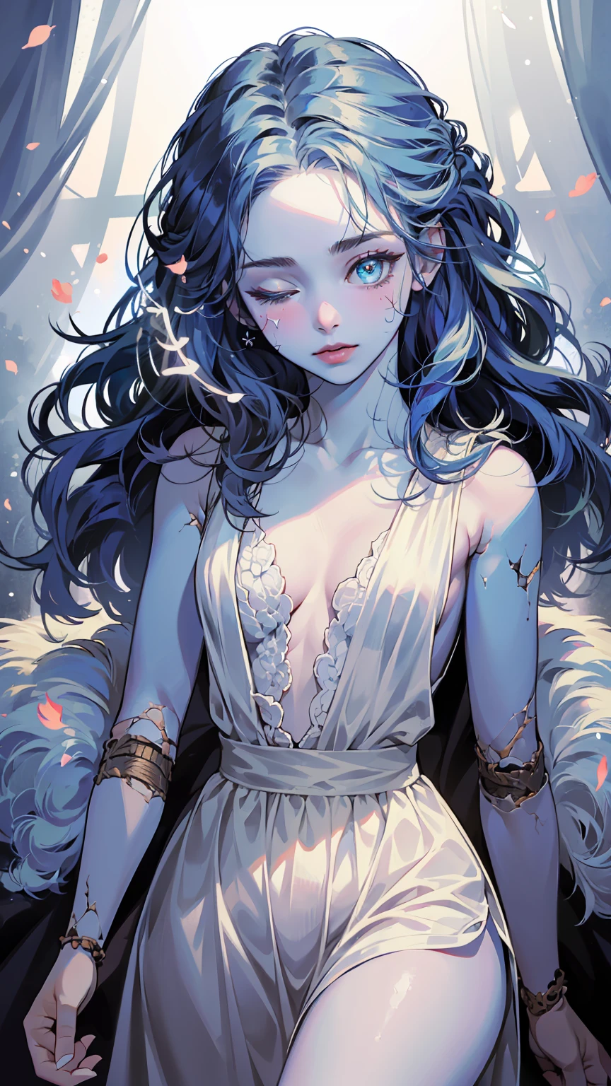 ((((masterpiece, best quality, high resolution)))), (1girl:1.5), ((wavy hair, cracked skin, colored skin, blue skin, doll joints, one eye closed, four arms)), (medium breasts :1.2), blush, glow, thighs, bare shoulders, collarbone, narrow waist, (slender body figure), cleavage, (beautiful detailed face, beautiful detailed eyes), extra arms doll, joints, doll joints, ((white satin dress, thin material))