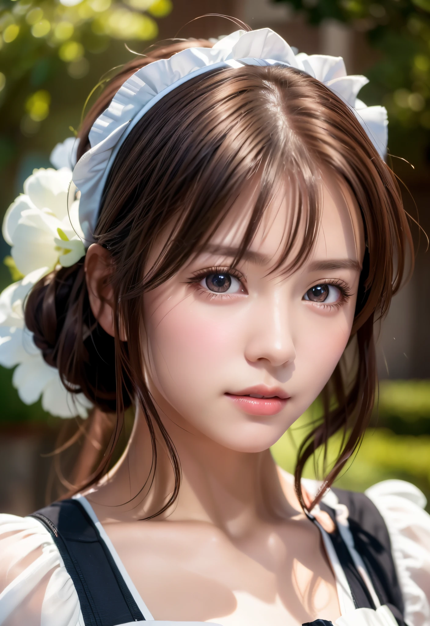 8K, of the highest quality, masutepiece:1.2), (Realistic, Photorealsitic:1.37), of the highest quality, masutepiece, Beautiful young woman, Pensive expression, Gentle eyes, Cute Maid Clothes, Hair tied back, feeling radiant, Cinematic background,, Light skin tone