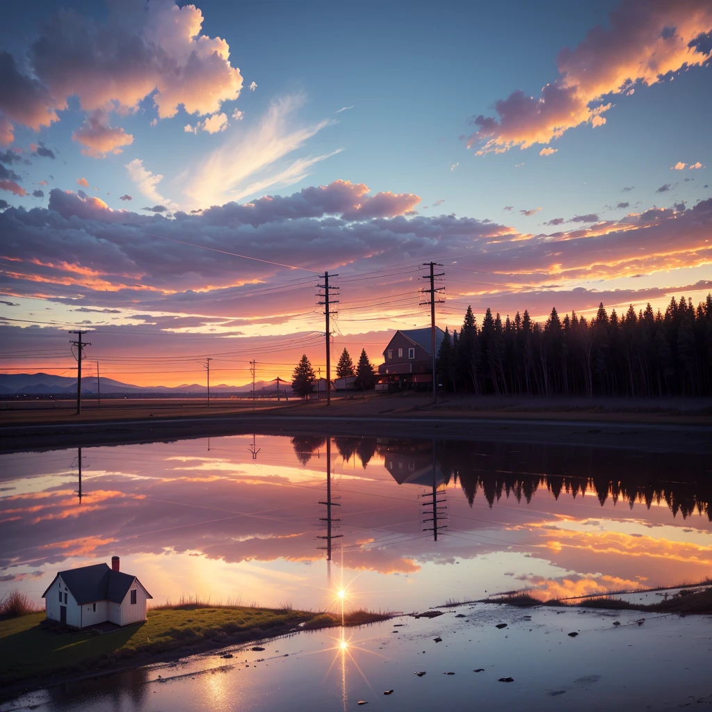 no people, scenery, cloud, sky, reflection, outdoors, sunset, caption, cloudy sky, sign, power pole, sparse little houses, power lines, road sign, blue sky, small township in northern usa, trees, sunset, landscape, horizon, lens flare, warm colors, warm tones