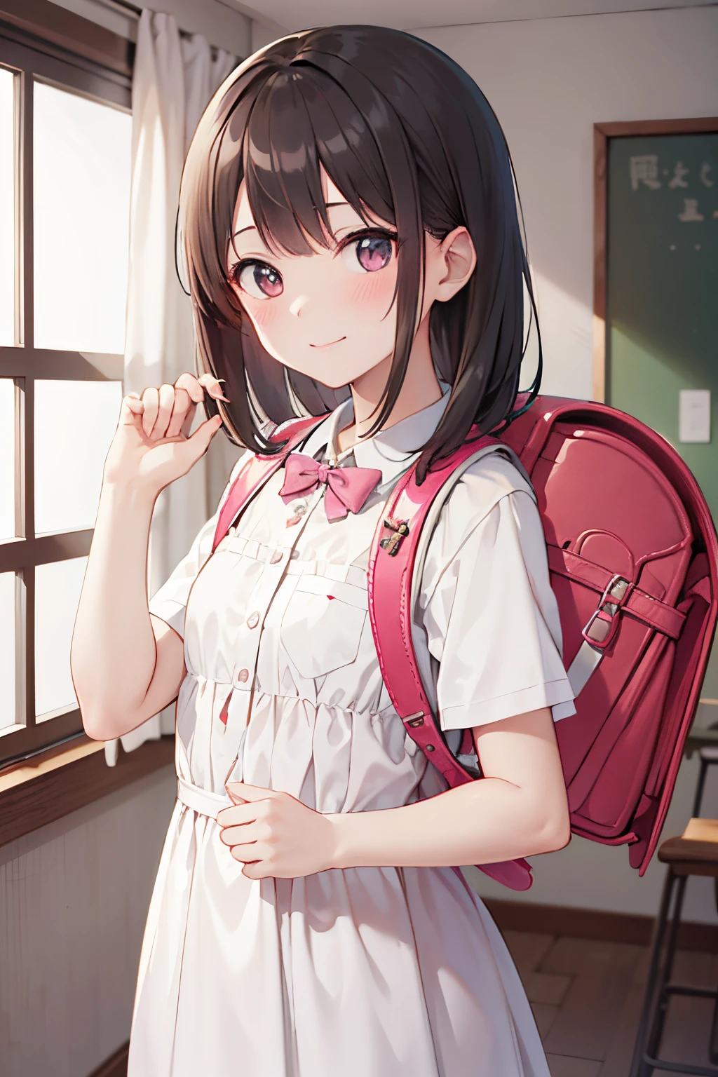 (masutepiece), Best Quality, High resolution, Highly detailed, Detailed background, Perfect Lighting, Indoor, 1girl in, Petite, Looking at Viewer, Petite, Maid Uniform, Adorable smile, Wearing a pink school bag backpack, (Randoseru Backpack:1.0)