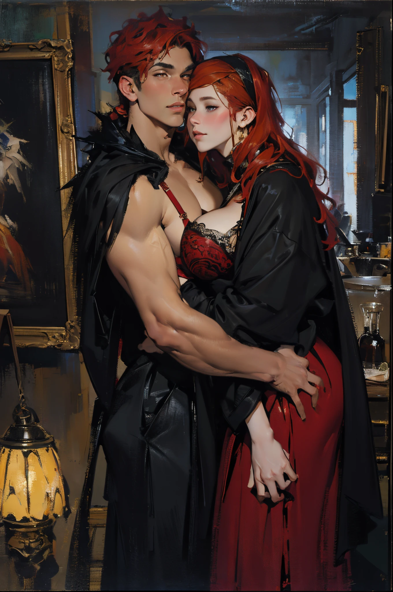 Depicts a strong werewolf hugging a blonde girl，(((black humanoid wolf)))，(((Black furry humanoid wolf)))，(((Beautiful y girl)))，(((Girls wear：red head band, cloaks, big bust bra, a skirt, red long skirt，laced dress)))，((Sexggestiveness))，Correct anatomy，详细的脸, 詳細な目，(((the right proportions)))，City at night，The lights are on，romantic love story，Warm picture，a warm color palette，(post impressionist),(Fechin Oil Painting - Fechin Oil Painting , oil painted), 003