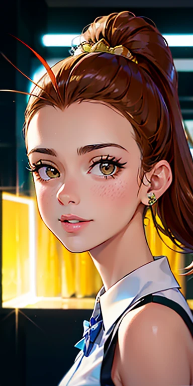 Photo of a 15-year-old European girl, .RAW, beautiful woman, (Light brown hair ponytail) peinado de cola de caballo, pecas en mejillas , linda sonrisa , gran sonrisa , ((retrato)), ((Cara detallada:1.2)), ((Detailed facial features)), (Piel finamente detallada) , senos medianos , pechos medianos , ropa elegante , ropa de gala 、Un sexy(cool color), humid, humid, Reflectores, (Masutepiece) (proporciones perfectas)(fotos realistas)(La mejor calidad) (Detallado) fotografiado con una EOS R5 de Canon, Lente de 50 mm, f/2.8, NffSW, (8k) (papel tapiz) (cinematic lighting) (Dramatic lighting) (foco nítido) (Enrevesado) moda, escenario , luz reflector , waving at the camera , mirada seductora , desnudes