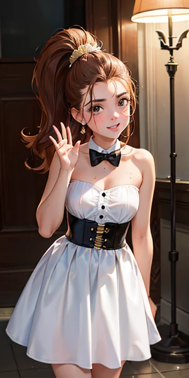 Photo of a 15-year-old European girl, .RAW, beautiful woman, (Light brown hair ponytail) peinado de cola de caballo, pecas en mejillas , linda sonrisa , gran sonrisa , ((retrato)), ((Cara detallada:1.2)), ((Detailed facial features)), (Piel finamente detallada) , senos medianos , pechos medianos , ropa elegante , ropa de gala 、Un sexy(cool color), humid, humid, Reflectores, (Masutepiece) (proporciones perfectas)(fotos realistas)(La mejor calidad) (Detallado) fotografiado con una EOS R5 de Canon, Lente de 50 mm, f/2.8, NffSW, (8k) (papel tapiz) (cinematic lighting) (Dramatic lighting) (foco nítido) (Enrevesado) moda, escenario , luz reflector , waving at the camera , mirada seductora , desnudes