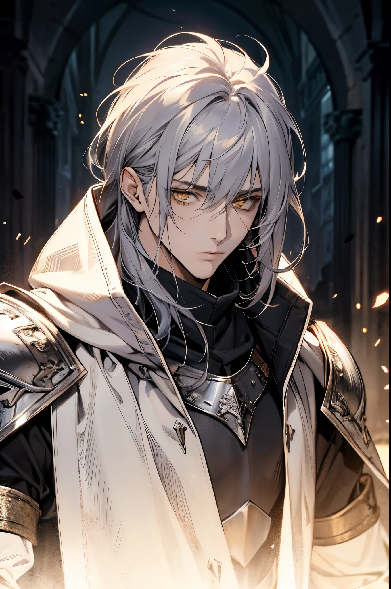 male, messy silver medium length hair with bangs, yellow eyes, adult face, adult, white hood and shroud, breast plate armor, handsome, medieval fantasy, ruins, sorcerer, looking at viewer