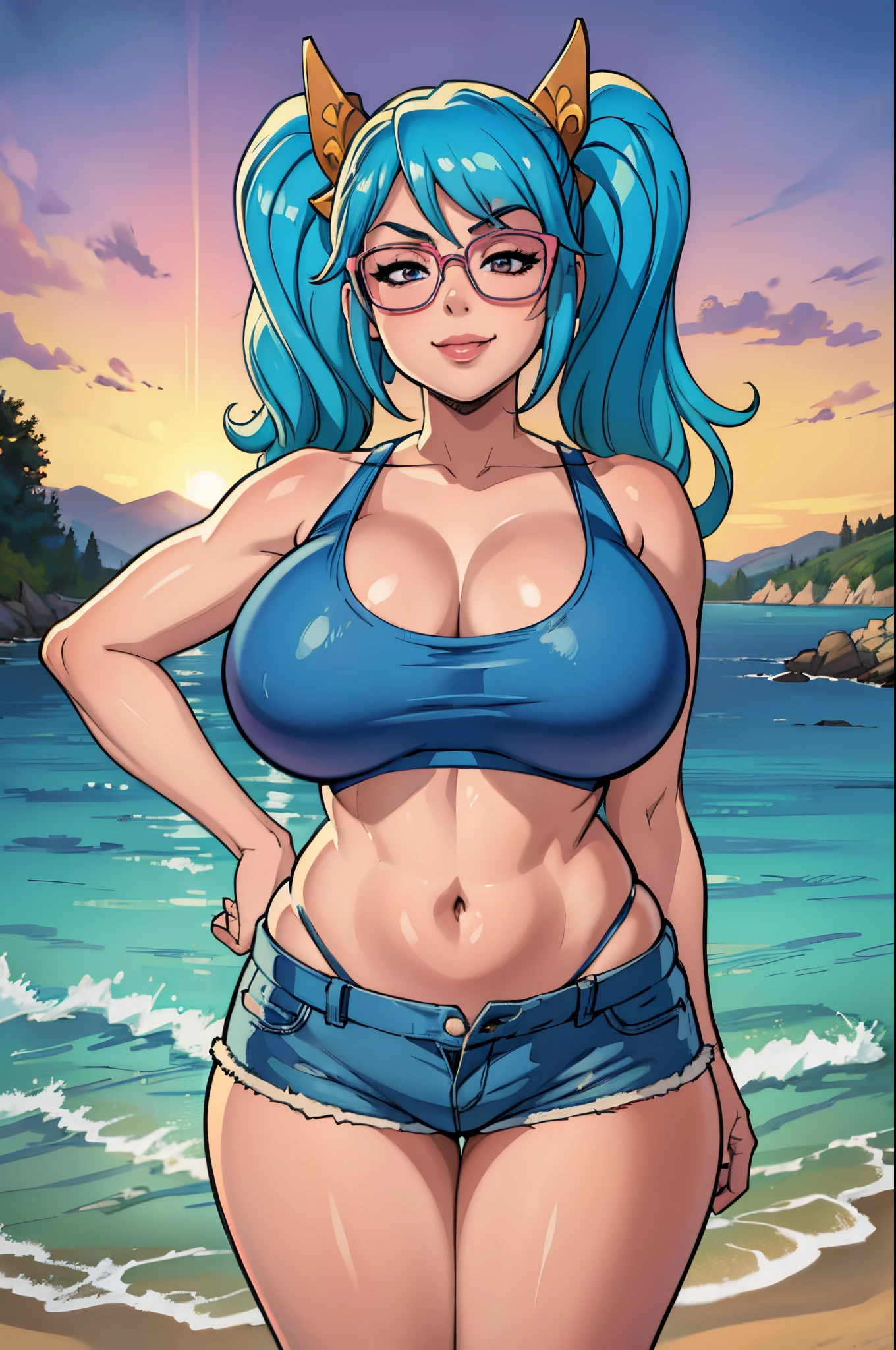 (masterpiece, official art), 1girls, solo, shortstackBT, shortstack, thick, curvy, curvaceous, plump, goddess, light blue hair, pink sunglasses, long hair, sona buvelle, twintails, hair ornament, (tank top, denim shorts, navel), (closeup), portrait, (gigantic breasts), standing, cowboy shot, at beach, lifeguard, looking at viewer, (upper body), smile, seductive, alluring attire