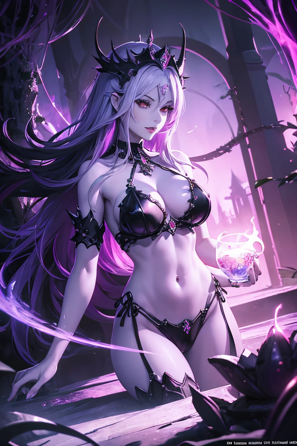 Beautiful Alluring female drow knight, Mythology Theme, Fantasy Theme, purple Skin, fair long white hair, red eyes, a cup size extremely small breasts, Inside A magical dark bioluminescent mushroom forest, Barely Clothed, gothic spiked bikini armor, Beautiful D&D Character Portrait, Beautiful Fantasy, Detailed, Digital Art, Extreme Detail, Polished, Beautiful, Hyperdetailed, Intricate, Elaborate, Meticulous, Anime Character, Detailed, Anime Face, Sharp Focus, Unreal Engine, 3d Rendered, Volumetric Lighting, Reflections, Glossy, Digital Illustration, Sensual Pose, Suggestive Pose, Full Body Shot, small perky breasts, anatomically correct 💖❤💕💋❣