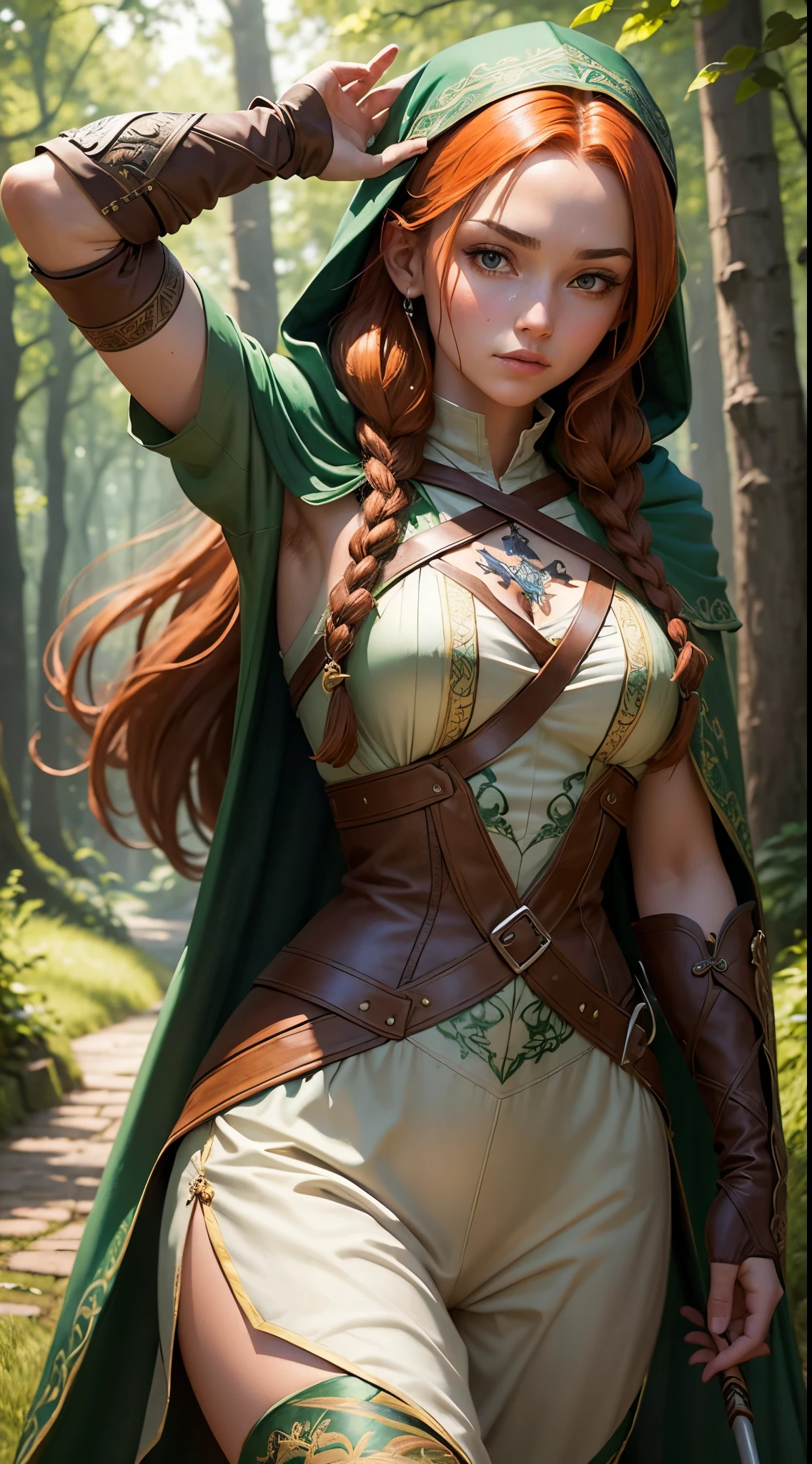 Generate a striking digital image of a beautiful medieval archer woman, adorned in an embroidered tunic and pants, a forest-green hooded cloak, and fingerless leather gloves. Her flowing auburn hair is intricately braided, complementing the elaborate longbow she wields with intense focus. A leather quiver with feathered arrows adorns her back, and intricate leaf and vine tattoos adorn her arms. Set in a lush forest bathed in dappled sunlight, she strikes a dynamic action pose, drawing the bow, with a quaint medieval castle turret in the background adding to the enchanting atmosphere.