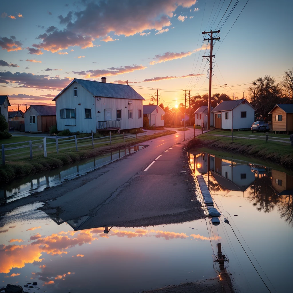 no people, scenery, cloud, sky, reflection, outdoors, sunset, caption, cloudy sky, sign, power pole, sparse little houses, power lines, road sign, blue sky, small township in northern usa, small fishing harbor, trees, sunset, landscape, horizon, lens flare, warm colors, warm tones