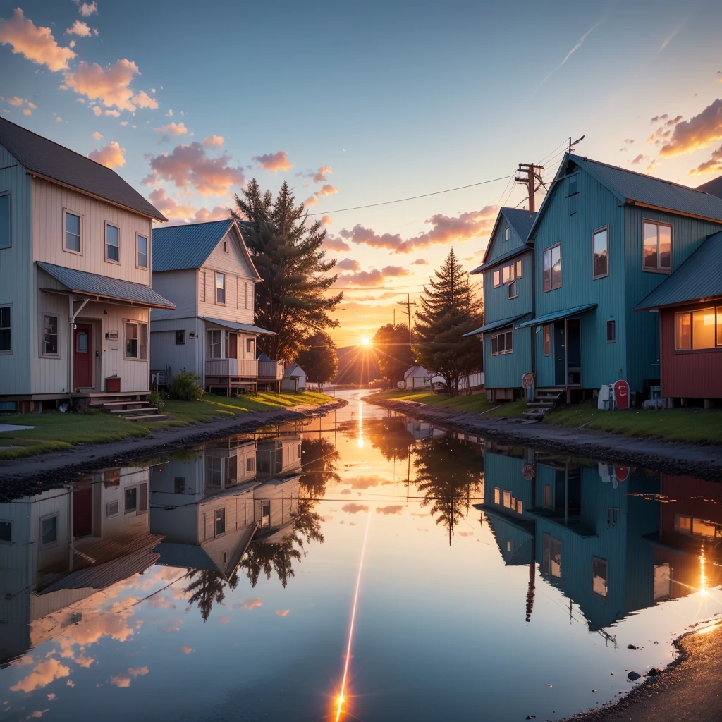 no people, scenery, cloud, sky, reflection, outdoors, sunset, caption, cloudy sky, sign, power pole, sparse little houses, power lines, road sign, blue sky, small township in northern usa, small fishing harbor, trees, sunset, landscape, horizon, lens flare, warm colors, warm tones