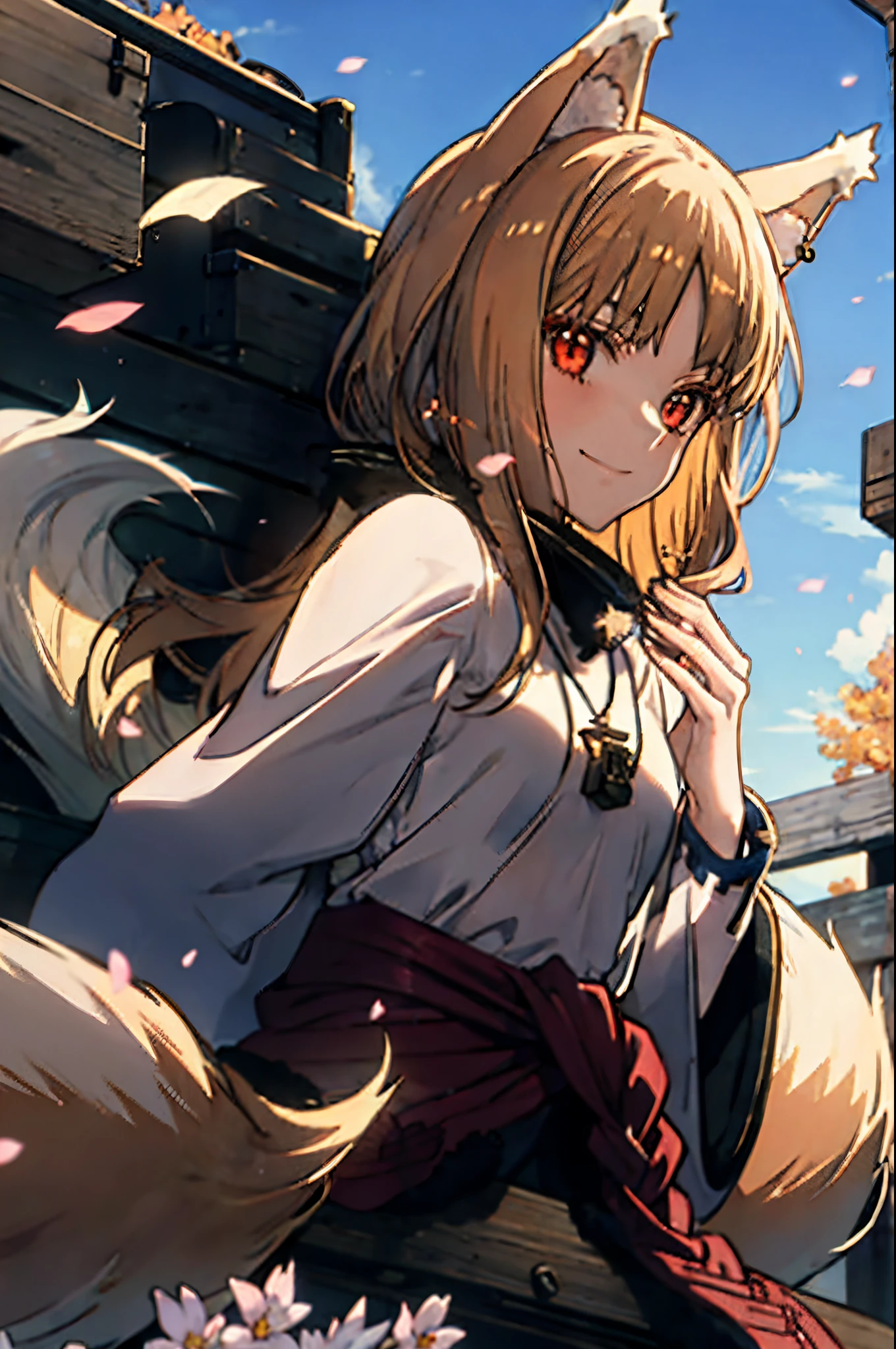 Realistic and detailed image of a girl. Wolf ears and tail. Thick short dress style sweater, braided knit, oversized, long sleeve with round neck. Earrings, necklaces and bracelets. Long silky brown hair. Red eyes. Long eyelashes. Medium breasts, thin waist, wide hips and thick thighs. smiling. Arched back. In the field. on top of a carriage. flower petals. Volumetric light. Ambient light.